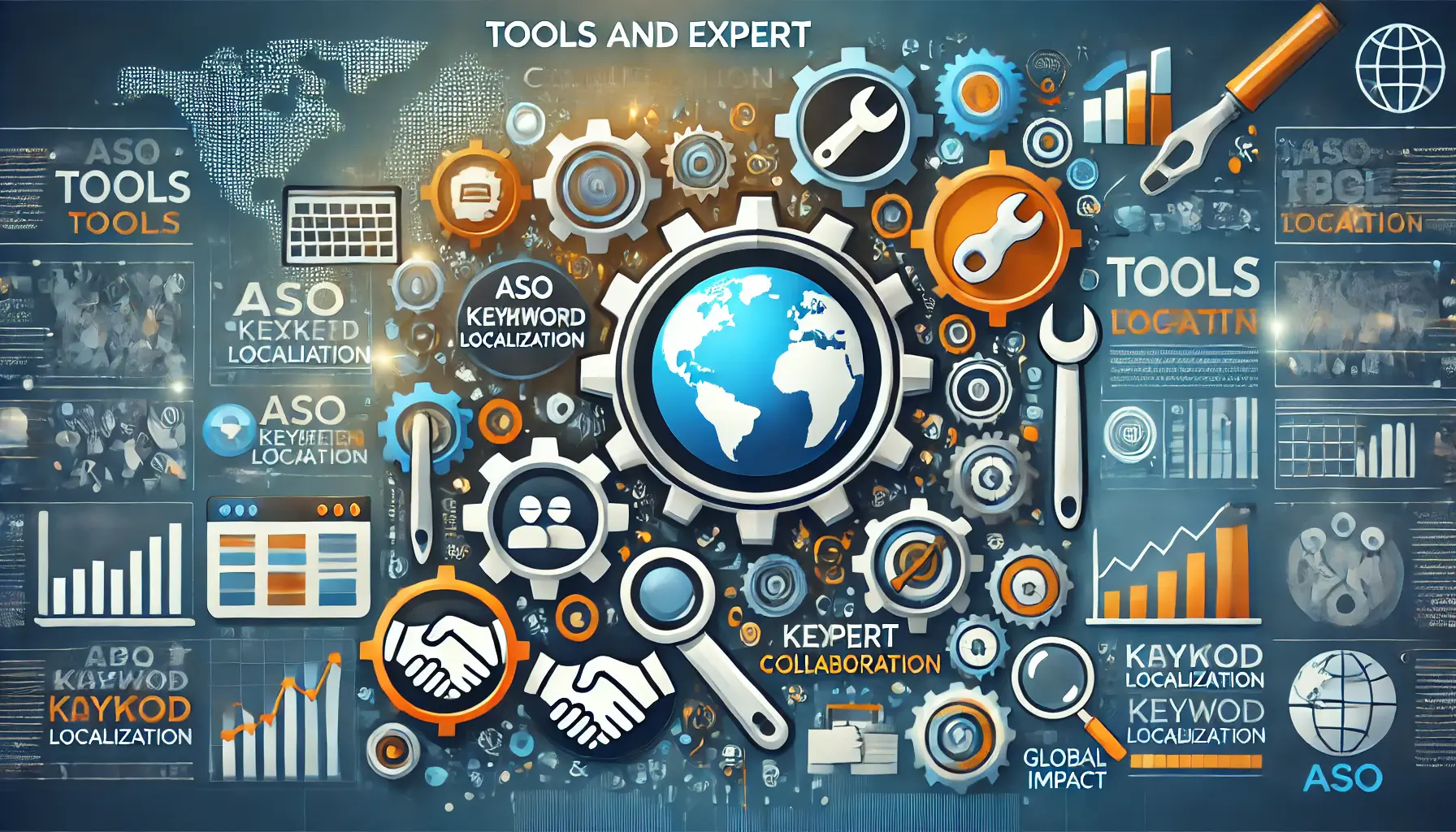 Gears, digital tools, and handshakes symbolizing collaboration between experts, with a globe indicating global impact in ASO Keyword Localization.