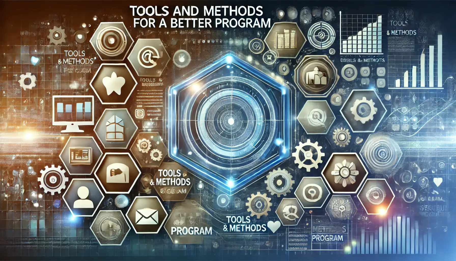 Illustration of utilizing tools and methods to enhance a program with a digital dashboard, app icons, and gears turning smoothly