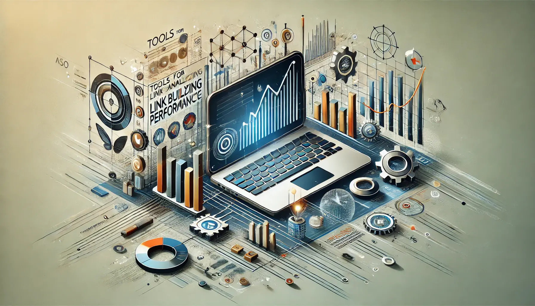 Abstract representation of analytical tools, digital interfaces, and graphs with metrics, symbolizing the use of technology to evaluate link building performance.