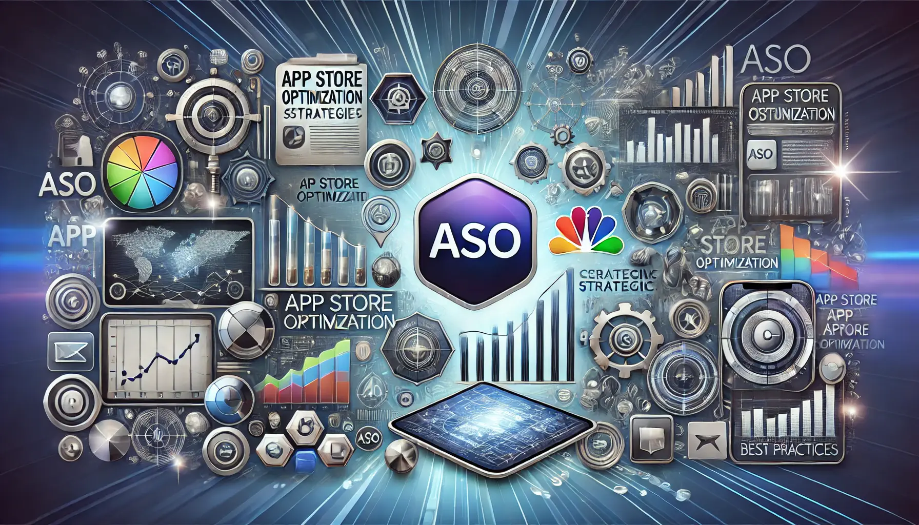 Image depicting essential ASO elements like app store icons, growth charts, and analytics connected to symbolize the comprehensive nature of ASO best practices.