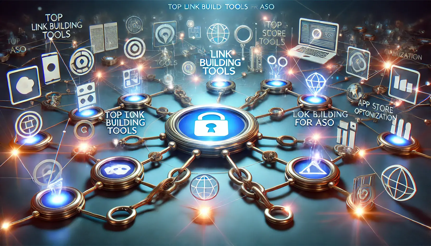 Abstract representation of digital interfaces and toolkits connected by glowing links, symbolizing advanced tools for link building in ASO.