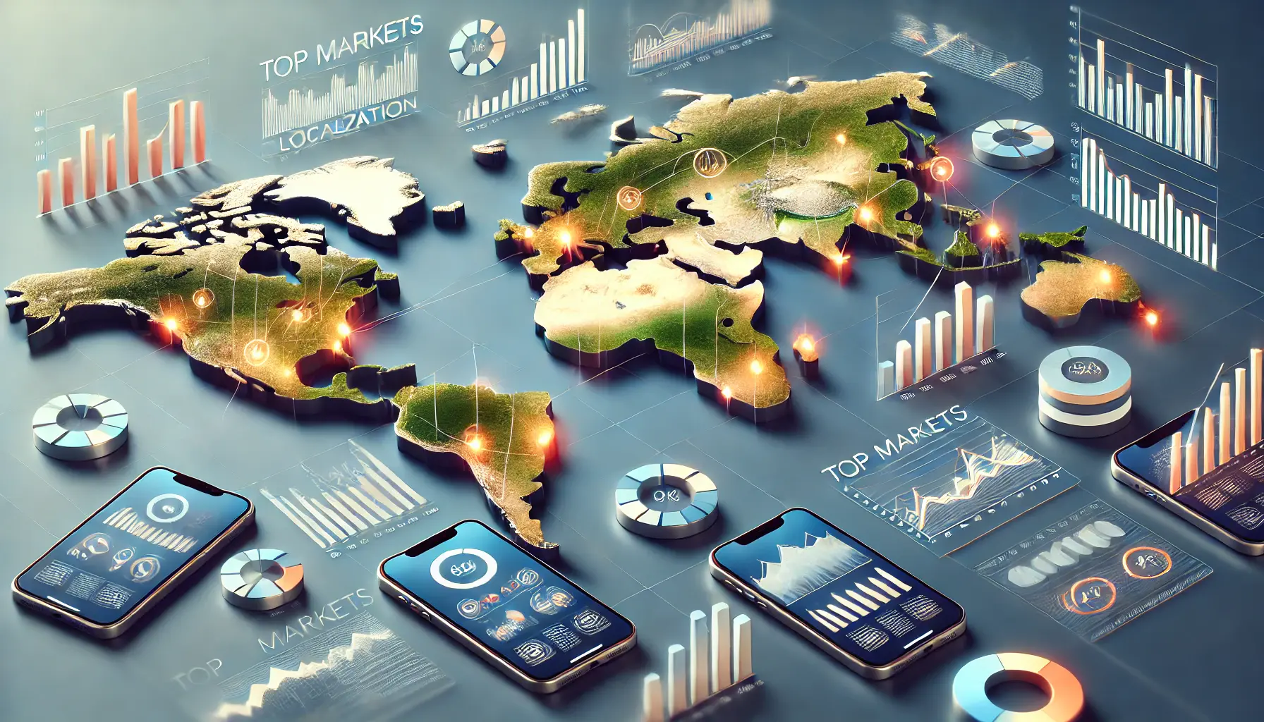 A world map with key regions highlighted and smartphones displaying app analytics over these regions, symbolizing market analysis for app localization.