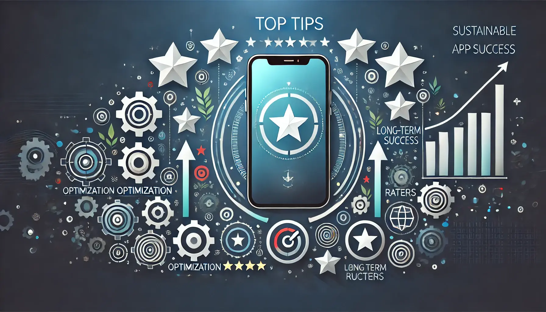 An image of a smartphone surrounded by gears for optimization, stars for ratings, and upward arrows symbolizing growth and long-term success.