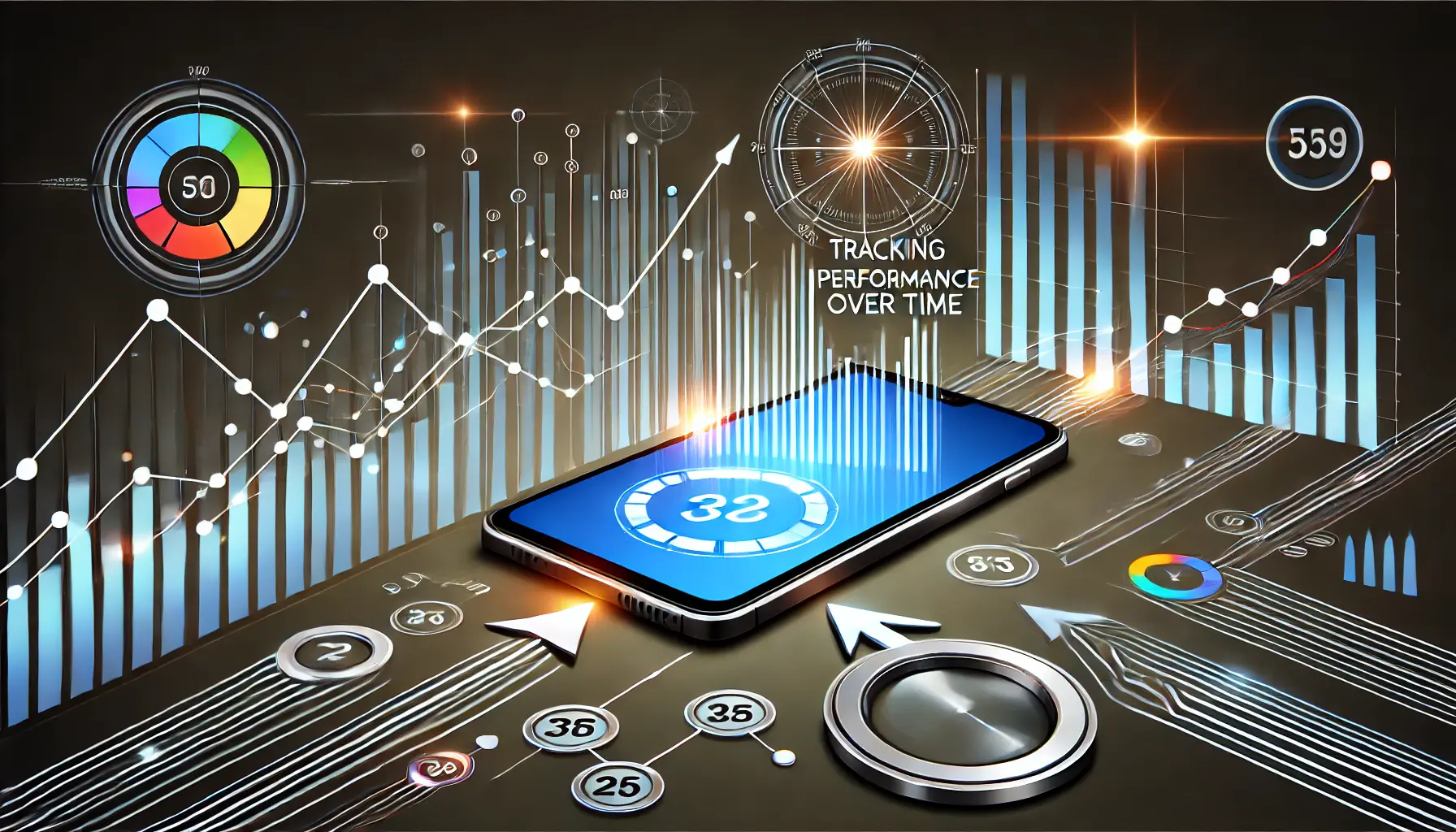 An image showing a smartphone surrounded by graphs, timelines, and data points representing the tracking of keyword performance over time.