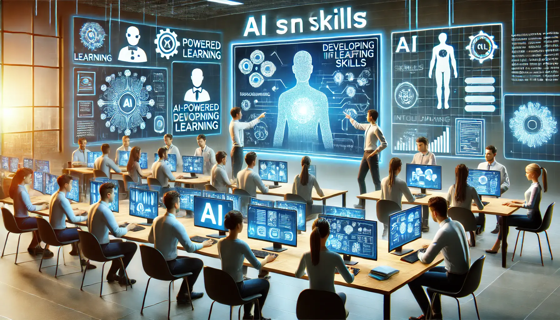 A scene showing a modern training environment with a team engaged in AI skill-building, using AI-powered learning tools and interactive tutorials.