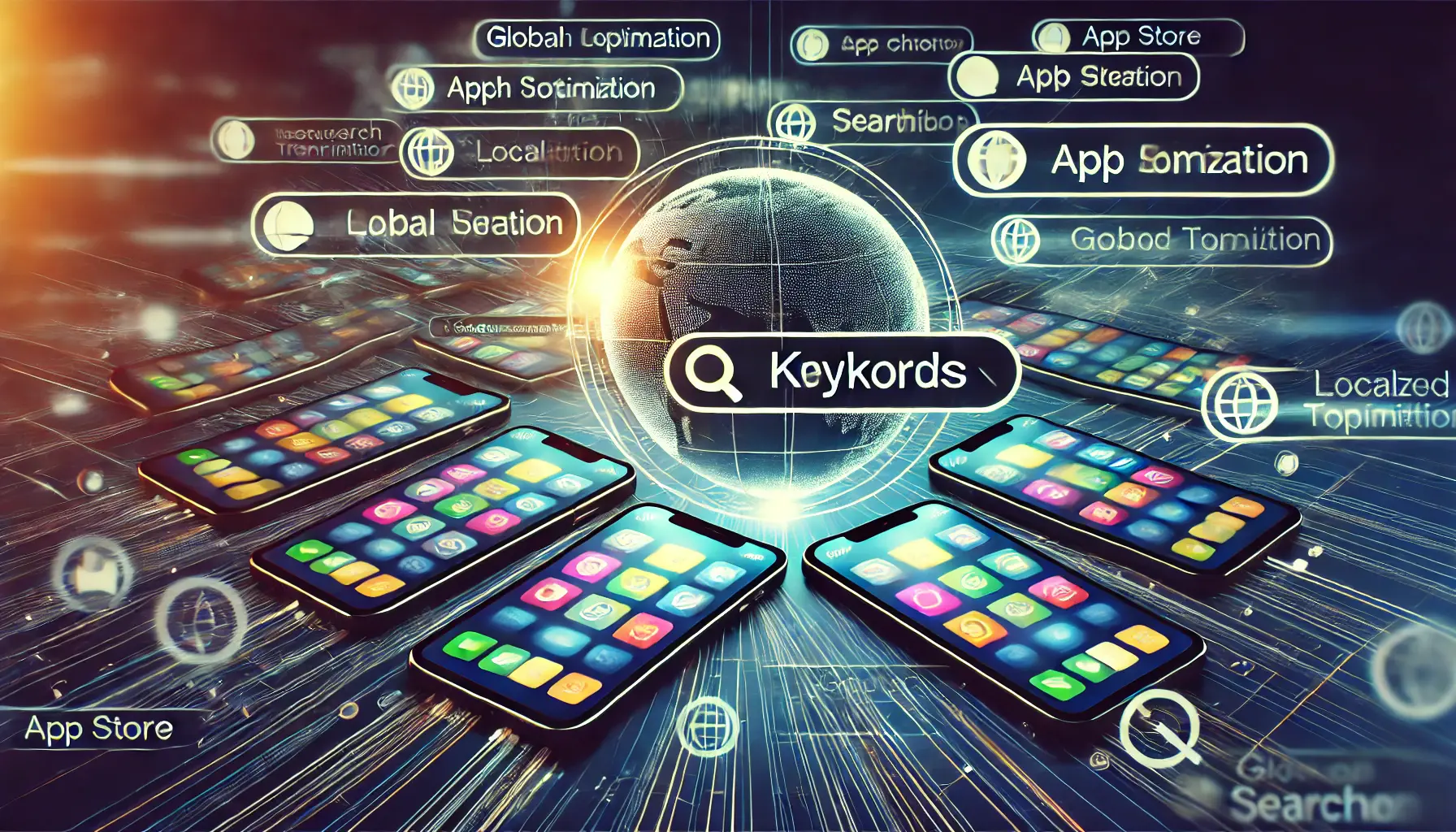 Smartphones displaying search bars with different localized keywords connected to a central globe, symbolizing global search optimization through keyword translation.