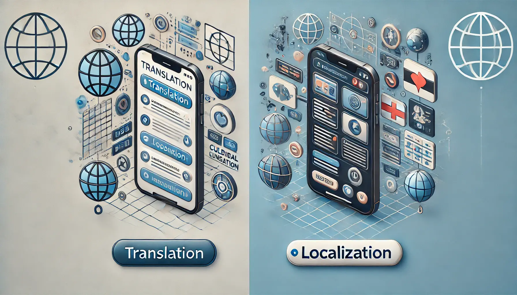 Two mobile phones comparing translation and localization. One phone shows a simple text translation, while the other displays a fully localized app with culturally relevant visuals and interface.