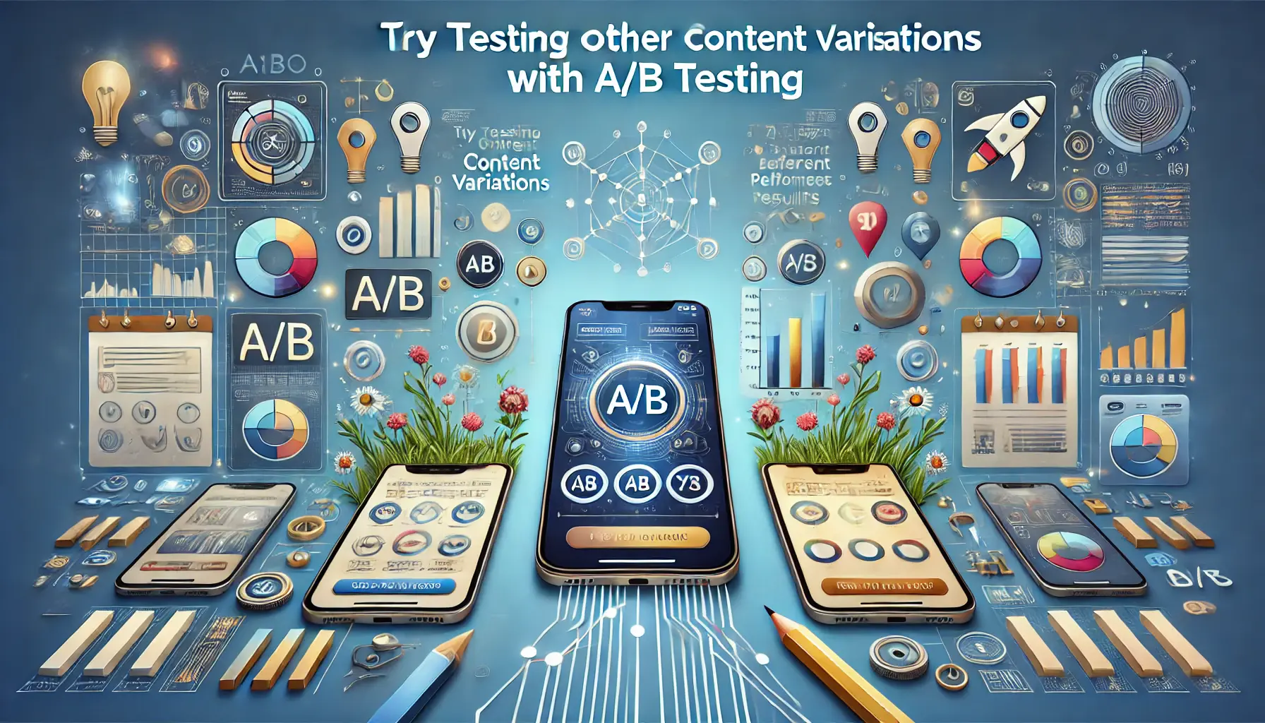 Illustration of A/B testing with two app screens side by side and a comparison chart indicating results