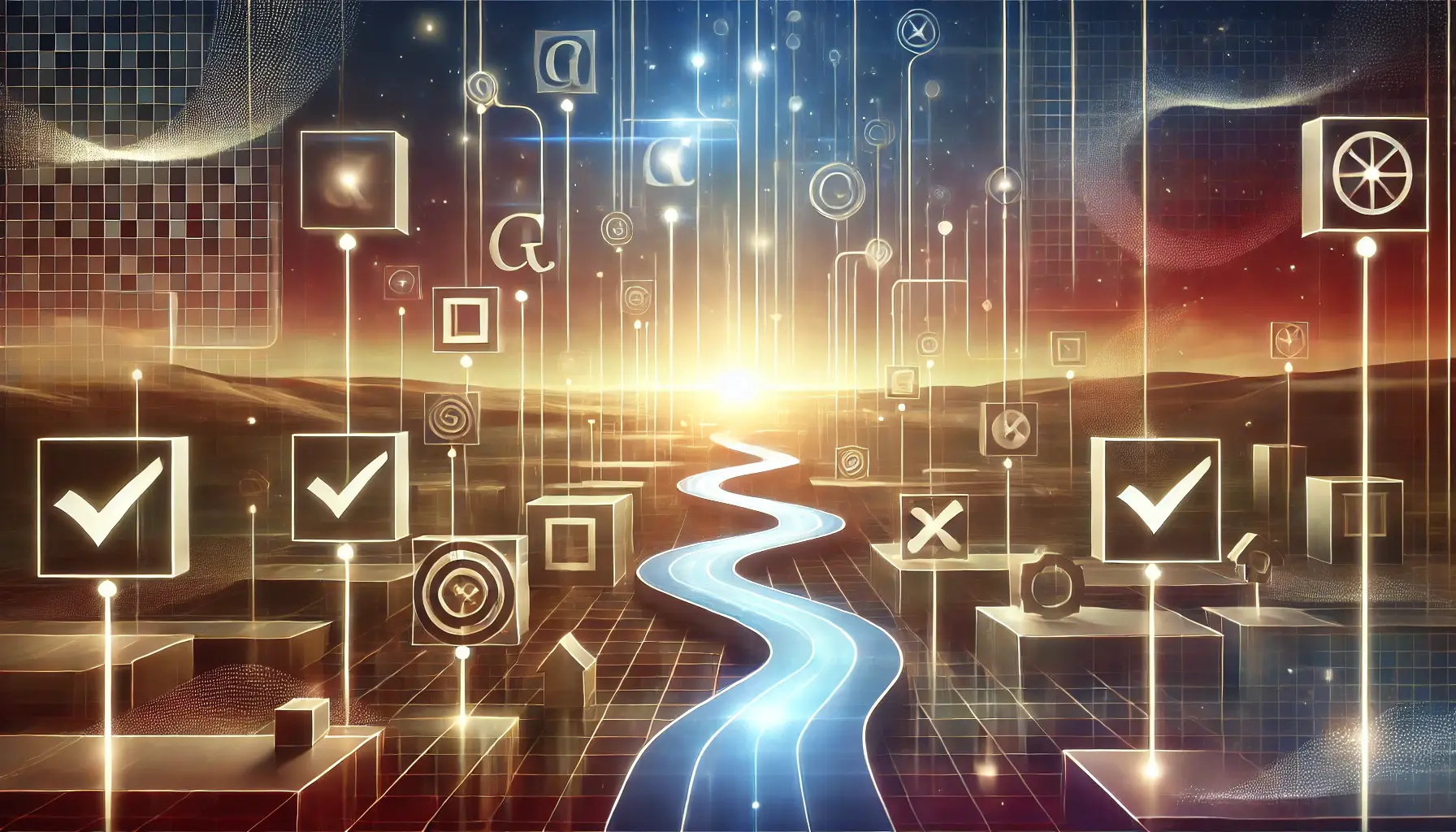 Abstract representation of pathways and checkmarks in a digital landscape, symbolizing adherence to Google's guidelines for link building.