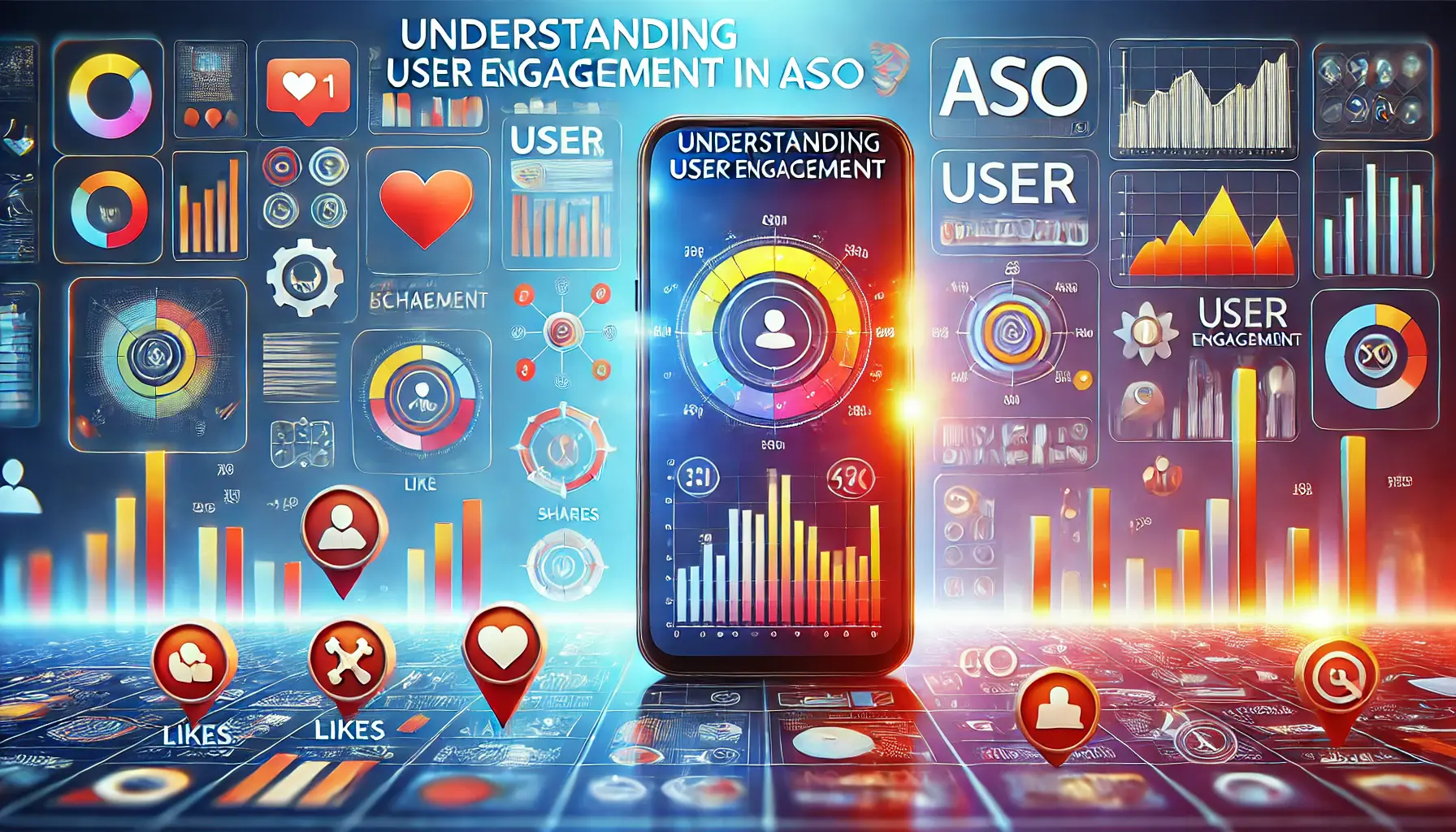 A smartphone displaying user activity metrics like charts and icons, symbolizing user engagement, with a modern, abstract background.