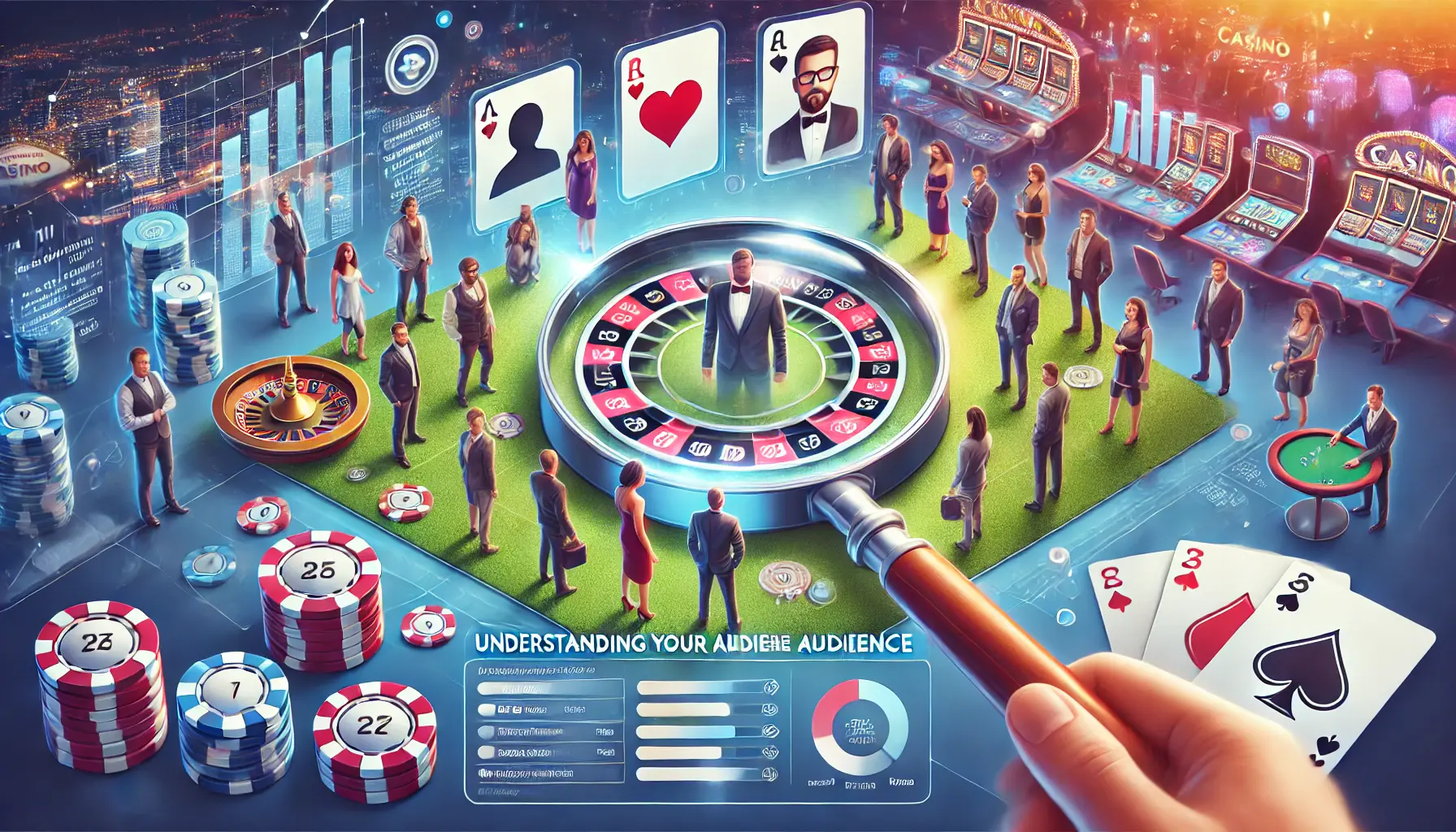 A casino scene with poker chips, roulette, and cards, highlighting different customer personas with a magnifying glass and data analytics elements.