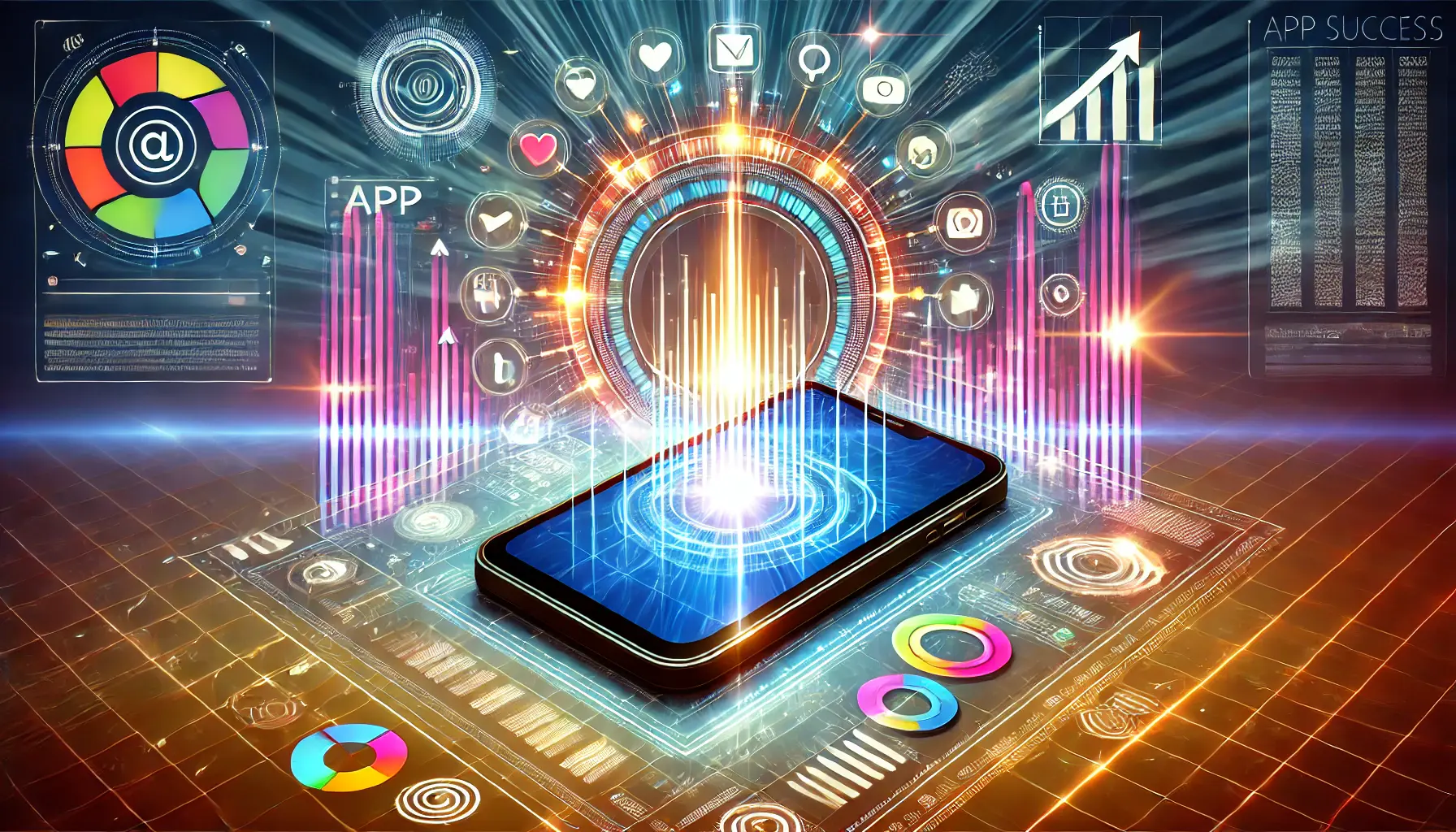 A vibrant digital illustration of a smartphone surrounded by glowing app icons and upward-moving graphs, symbolizing app success and growth in the digital world.