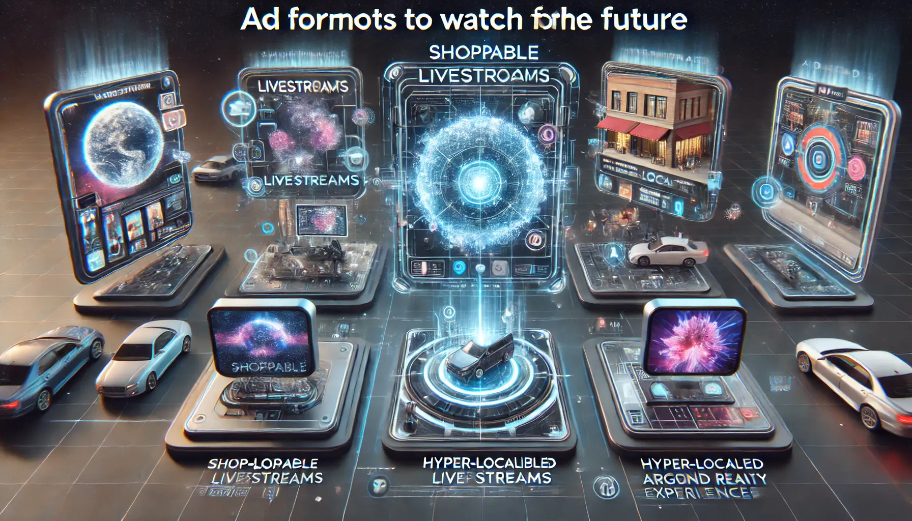 Depiction of futuristic ad formats including shoppable livestreams, hyper-localized ads, and augmented reality experiences displayed on digital devices.