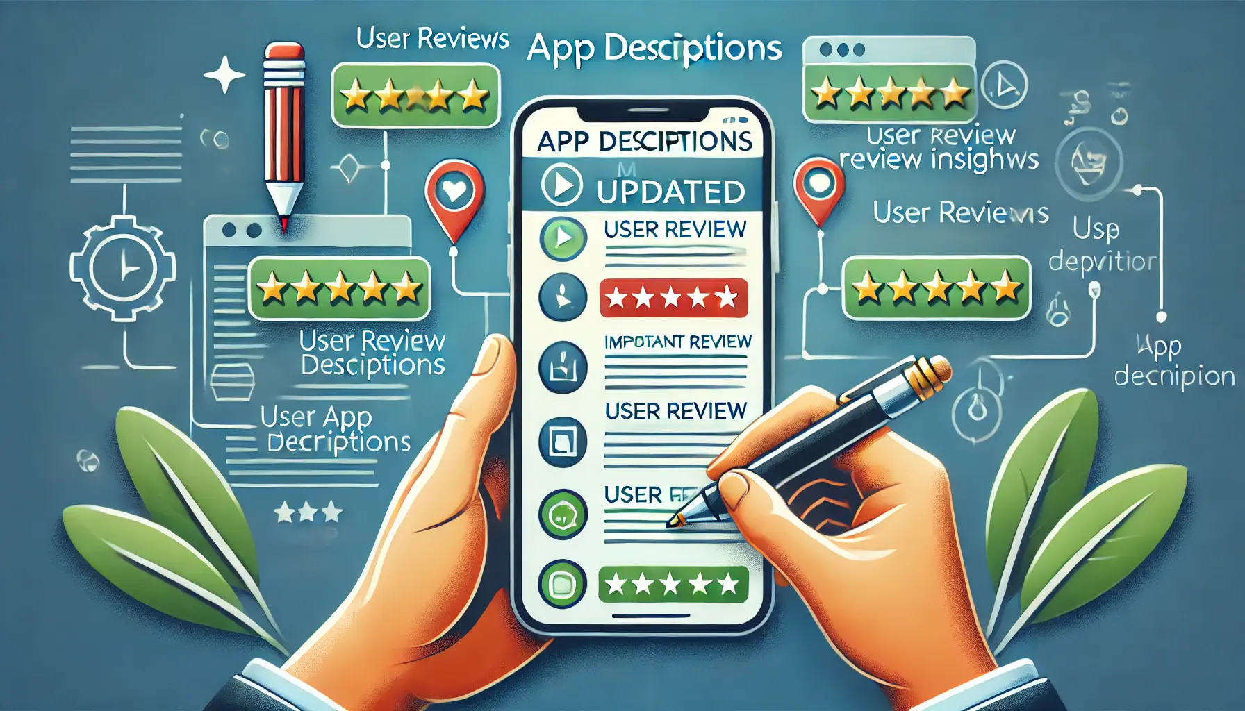 A mobile app with highlighted sections of the app description being updated based on user review feedback bubbles, guided by editing tools like pens.