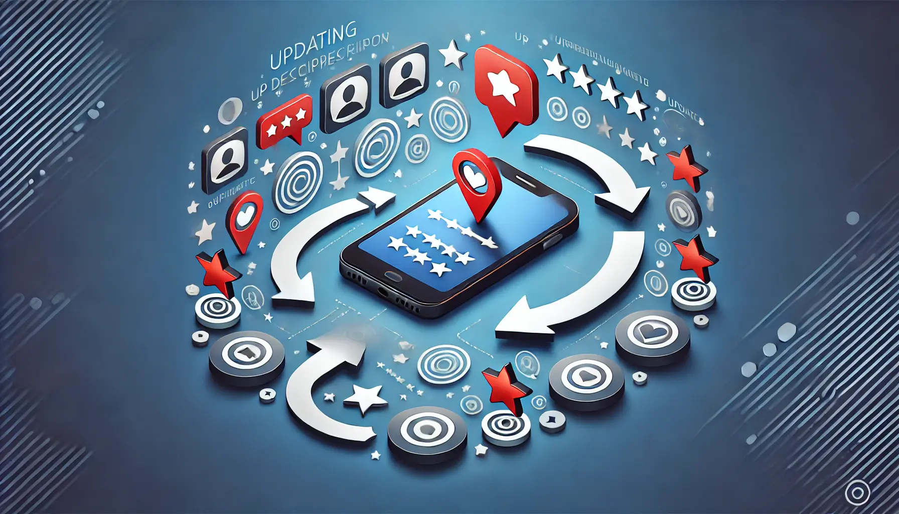 An image of a smartphone surrounded by user review icons, feedback bubbles, and arrows flowing into it, symbolizing the process of refining and updating app descriptions based on user input.