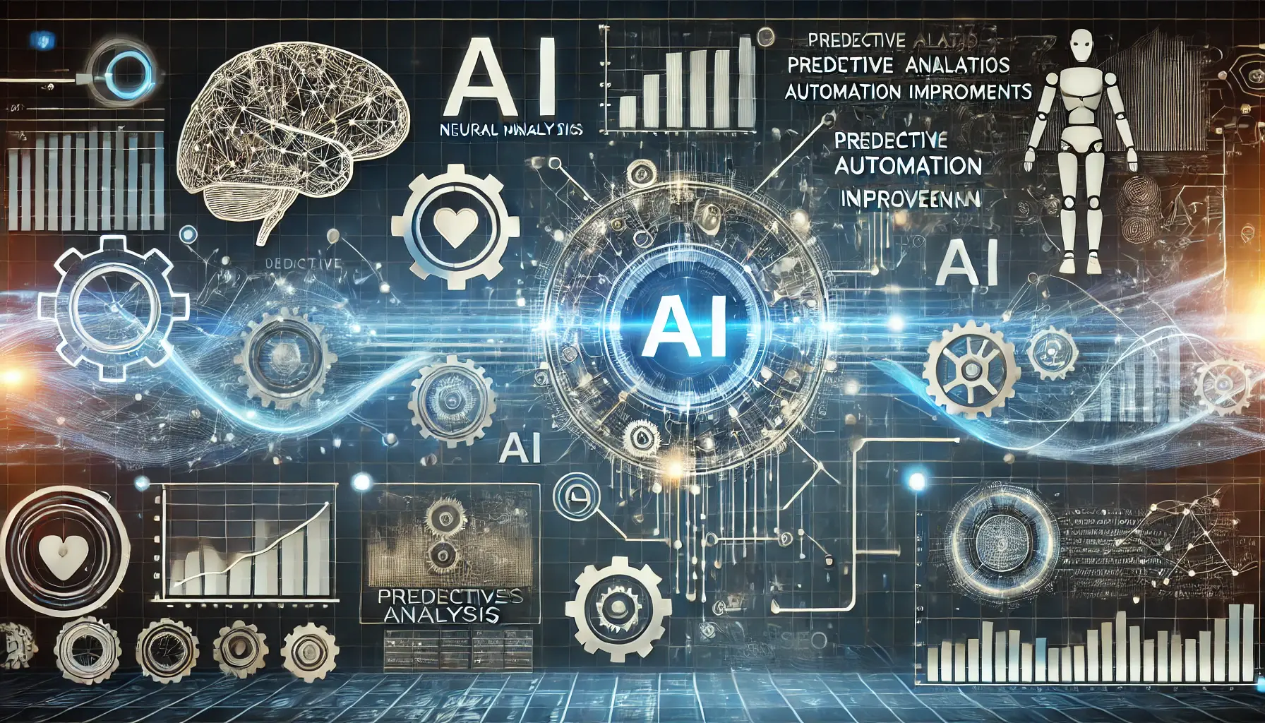 An image depicting AI-driven SEO automation with neural networks, AI-infused gears, and graphs showing predictive analysis and automation efficiency.