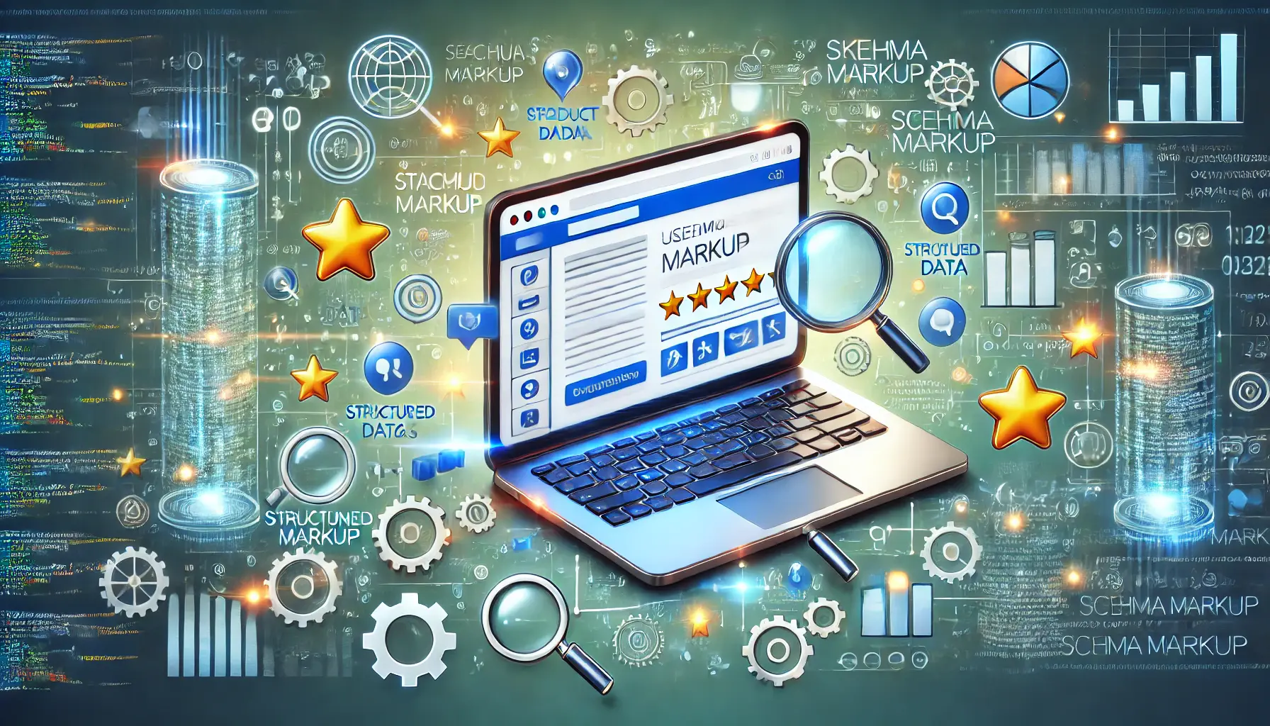 A laptop displaying a product page with icons representing schema markup such as structured data, stars for ratings, and price tags, surrounded by gears and code brackets.