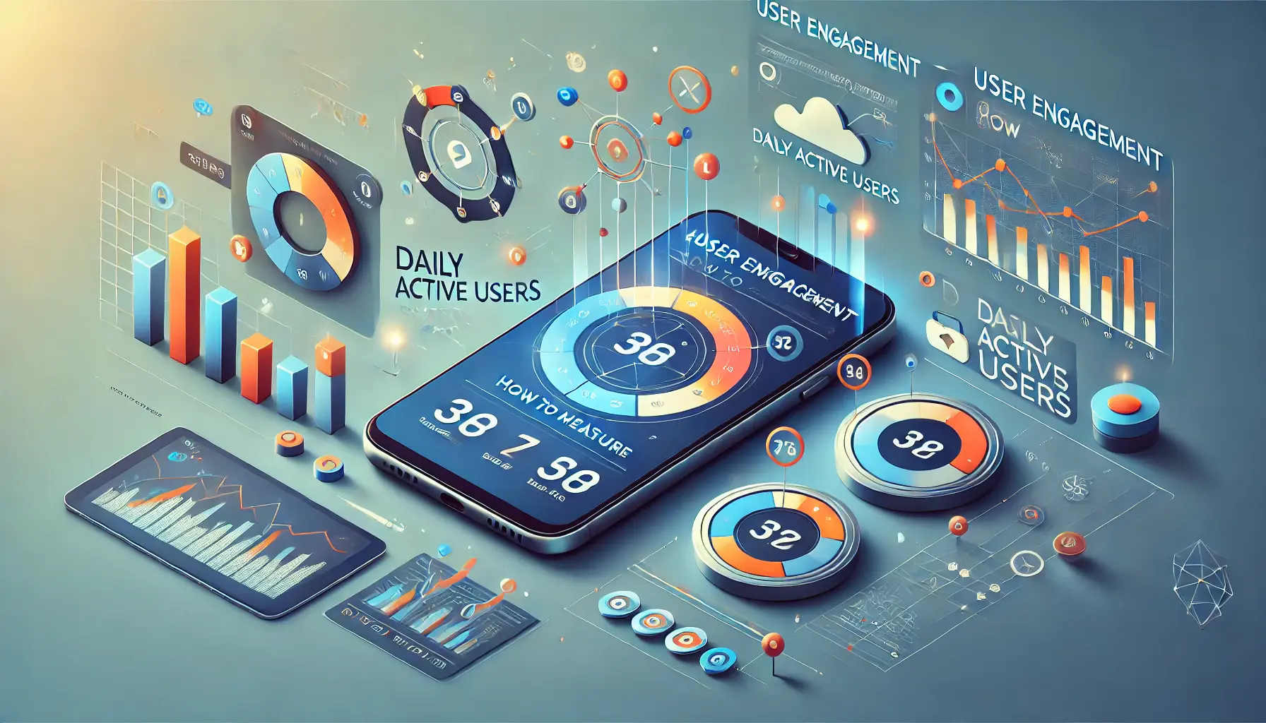 A smartphone displaying analytical charts and graphs, symbolizing the measurement of user engagement, with icons representing different engagement metrics surrounding the phone.