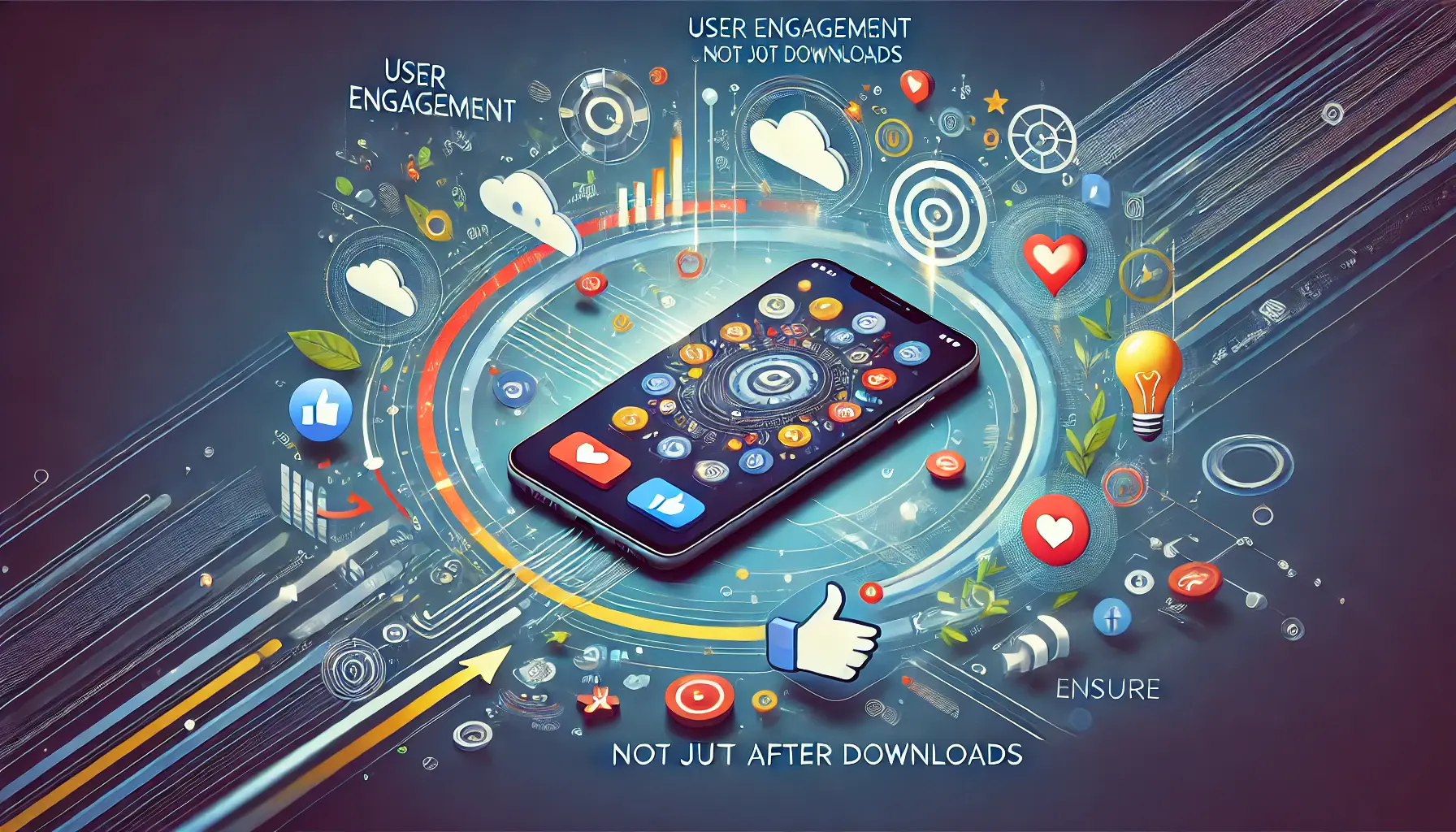 A smartphone screen displaying ongoing user interactions, surrounded by abstract elements symbolizing continuous engagement beyond the initial download.