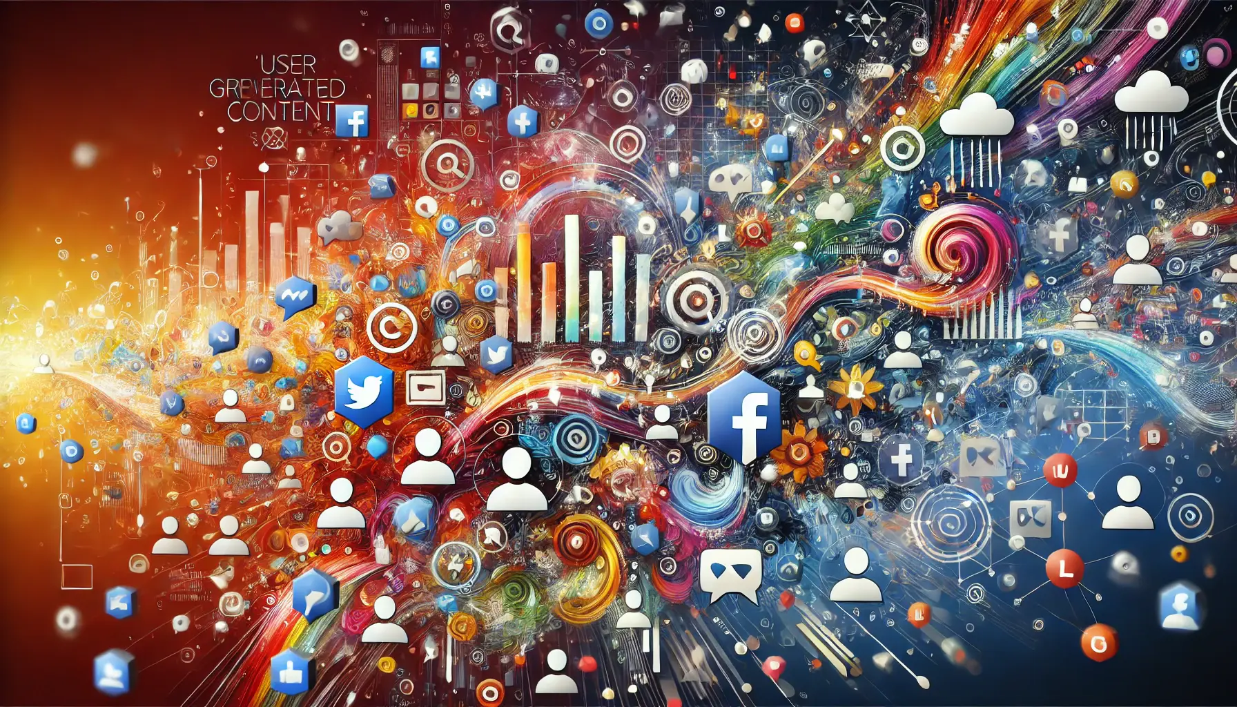 Abstract image representing user-generated content with diverse avatars, social media icons, and content flow