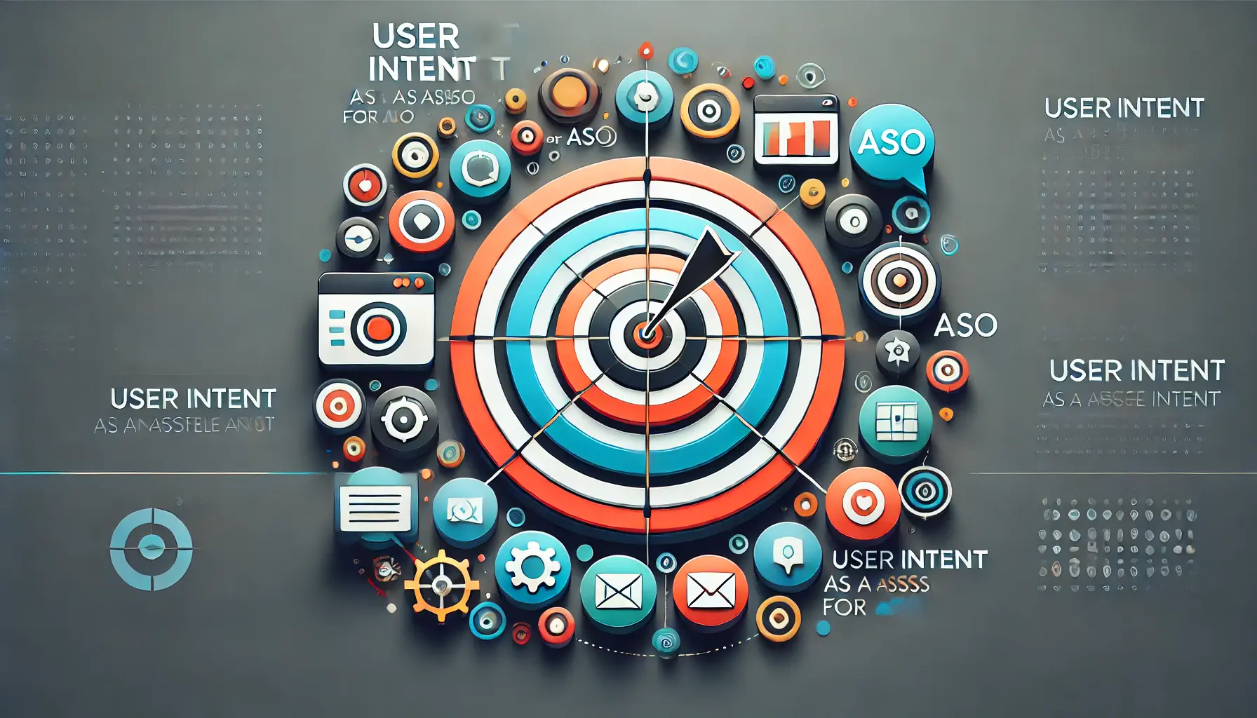 An image depicting the importance of user intent in ASO, with a target symbol and app-related icons converging towards the center.