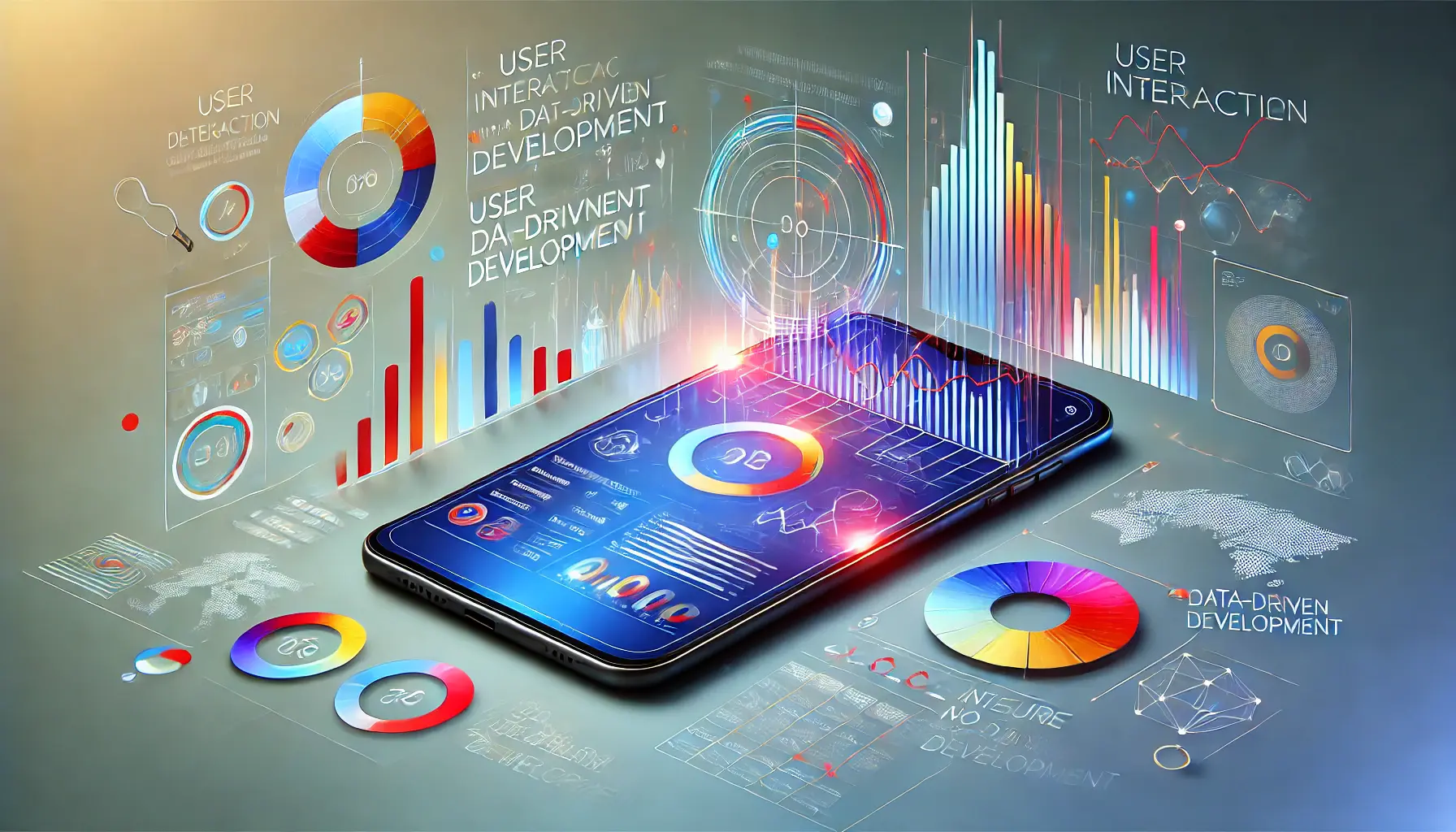 A smartphone displaying data-driven elements like real-time analytics, user interaction graphs, and development metrics, set against an abstract background symbolizing data analysis and continuous improvement.