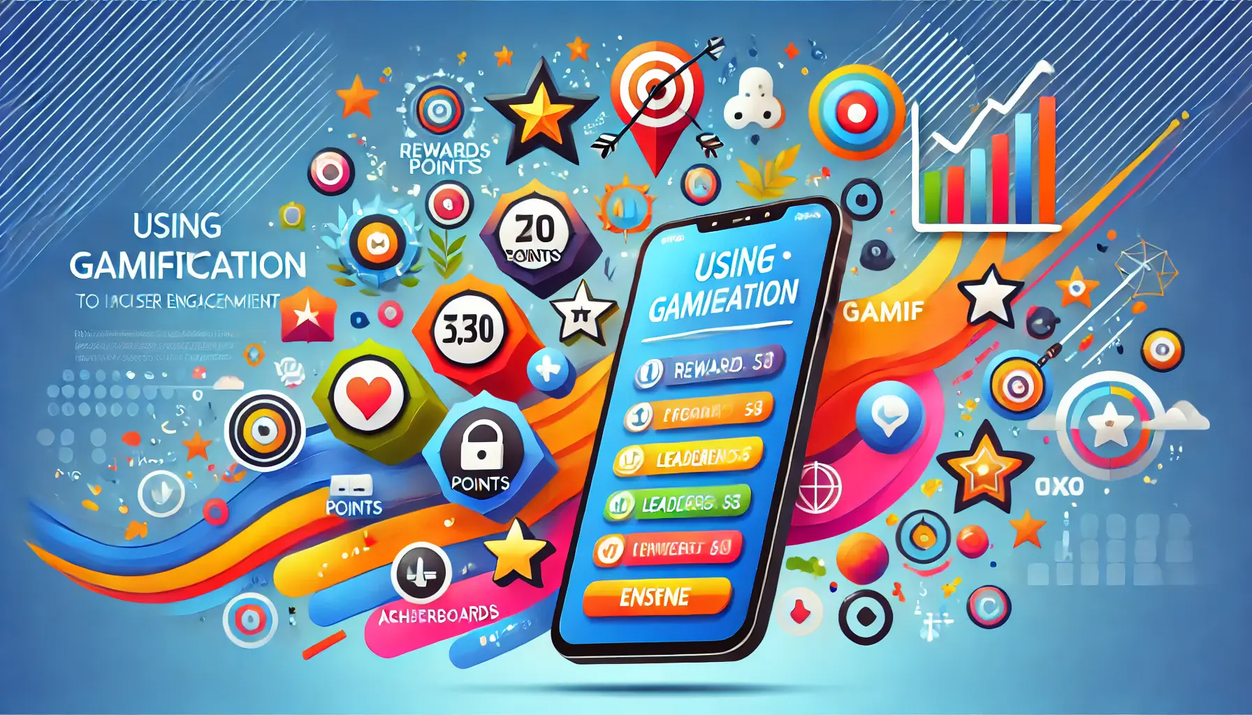 A smartphone displaying gamification elements like rewards, points, and leaderboards, set against a dynamic and playful abstract background symbolizing competition and motivation.