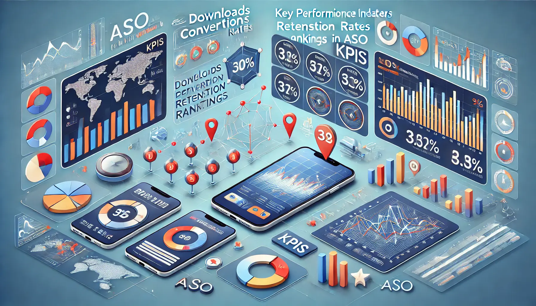 A dashboard displaying KPIs such as downloads, conversion rates, retention rates, and rankings across different regions, with mobile devices showing localized app data and charts in the background.