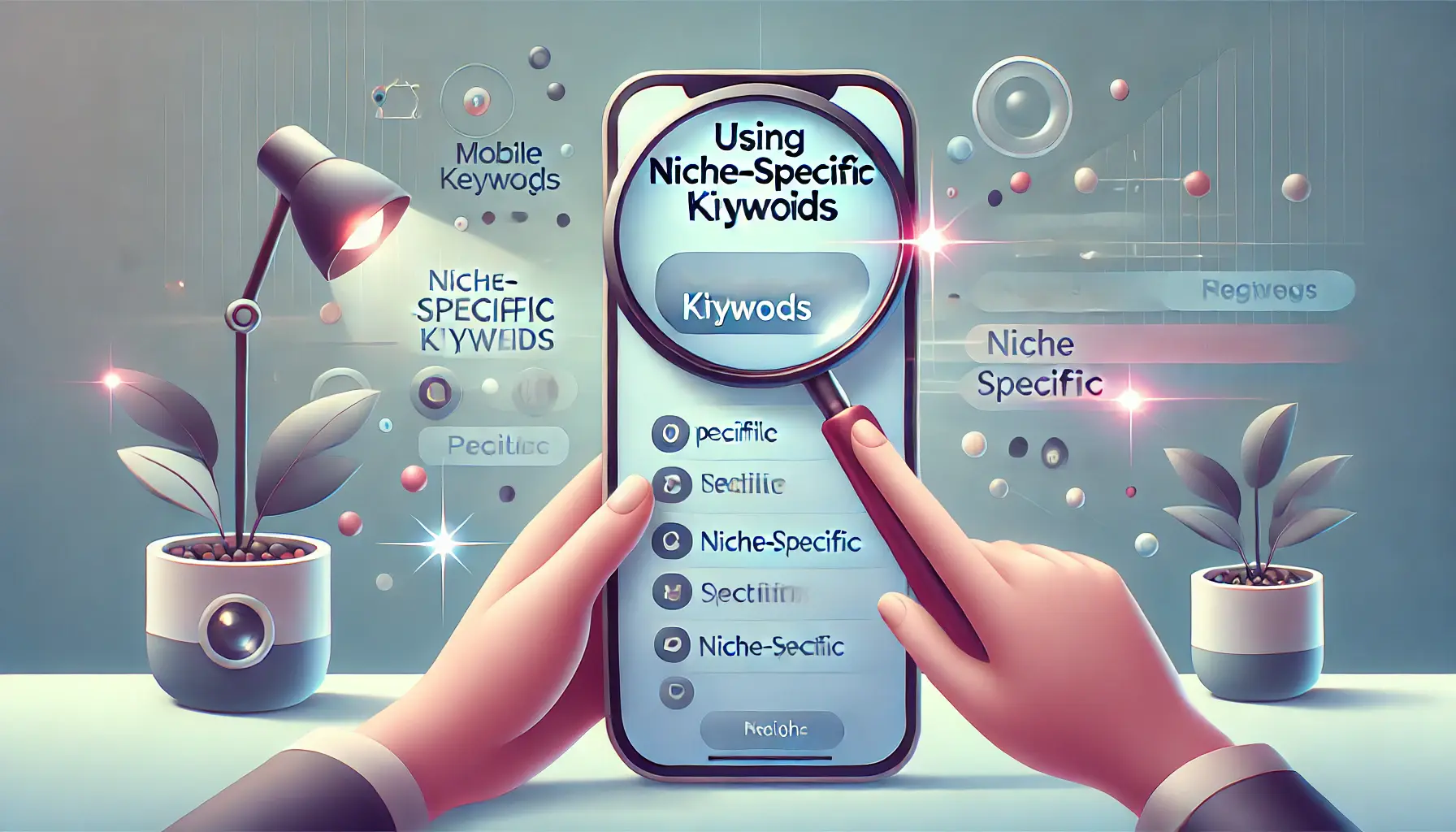 An image illustrating the focus on niche-specific keywords, with a magnifying glass or spotlight highlighting targeted terms in a clean, modern setting.