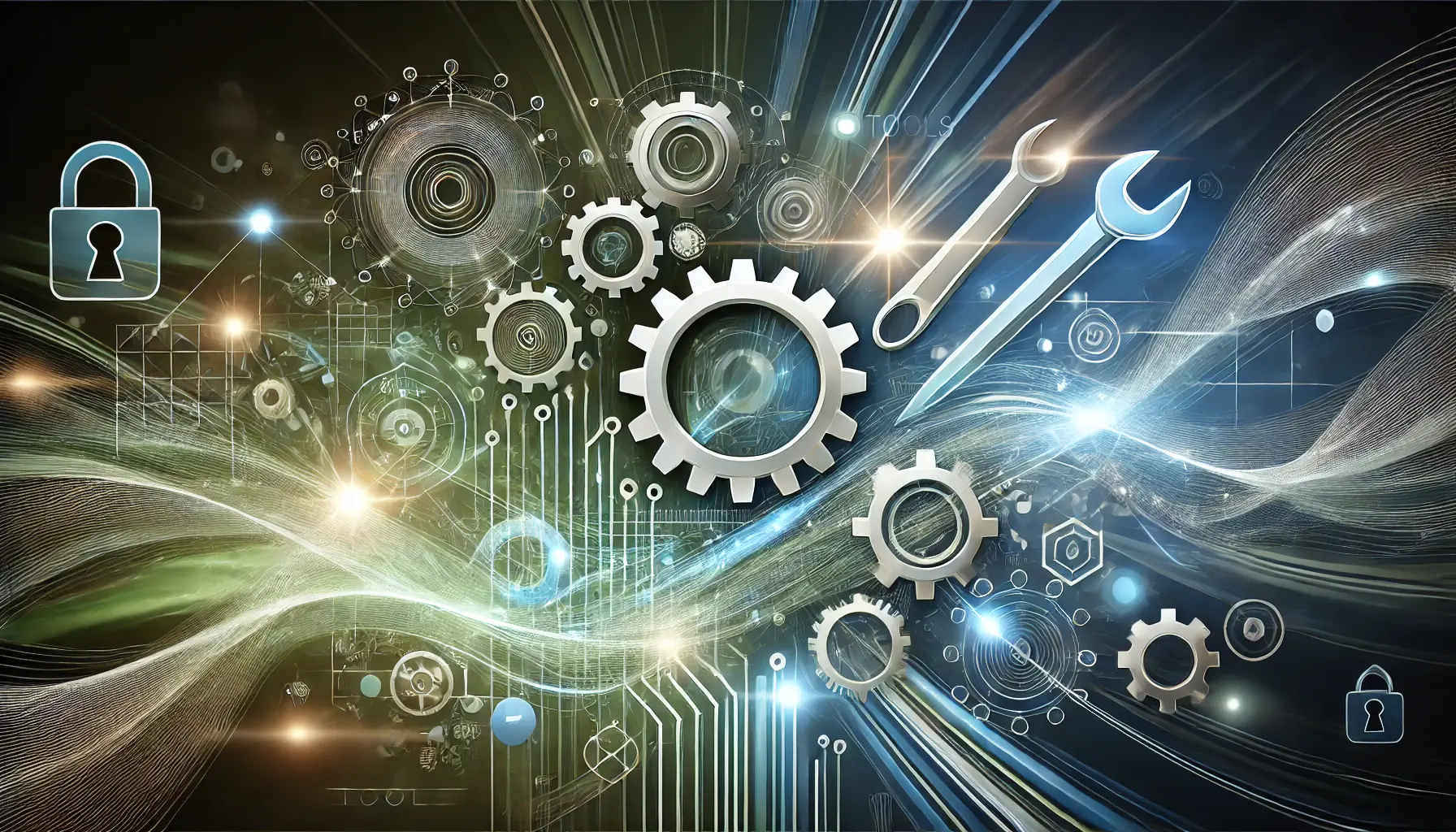 Abstract image representing the concept of using tools and staying agile with gears, tool icons, and dynamic pathways.