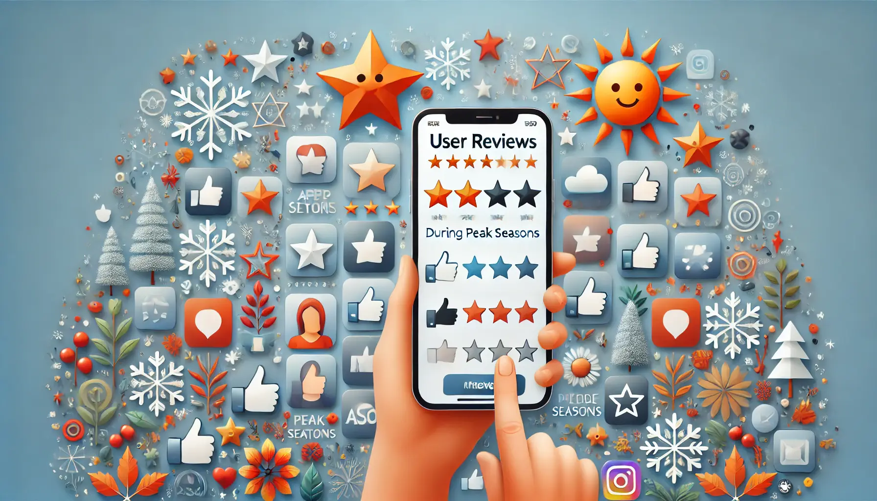 App store elements like review stars, user avatars, and thumbs-up icons displayed alongside app icons, with a background featuring seasonal symbols like snowflakes, flowers, sun, and autumn leaves.