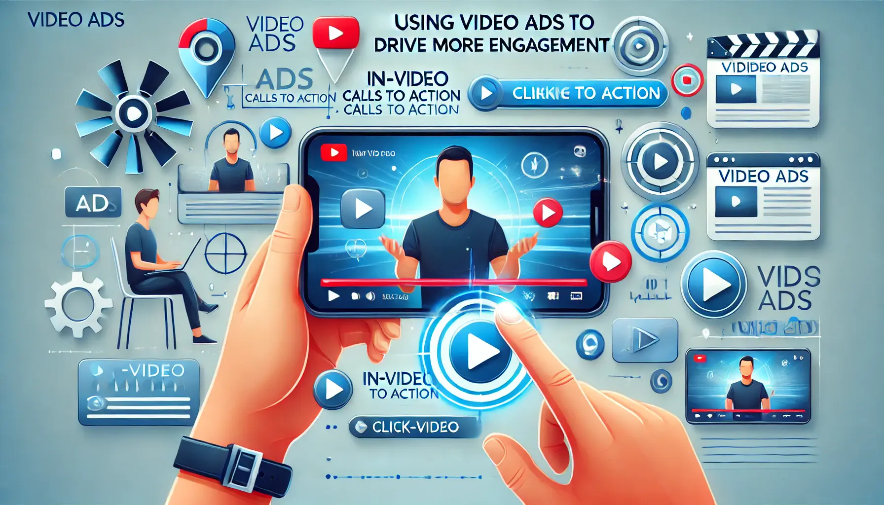 Abstract depiction of video ads on digital devices, with users interacting through gestures like swiping, tapping, and clicking on interactive elements to enhance engagement.