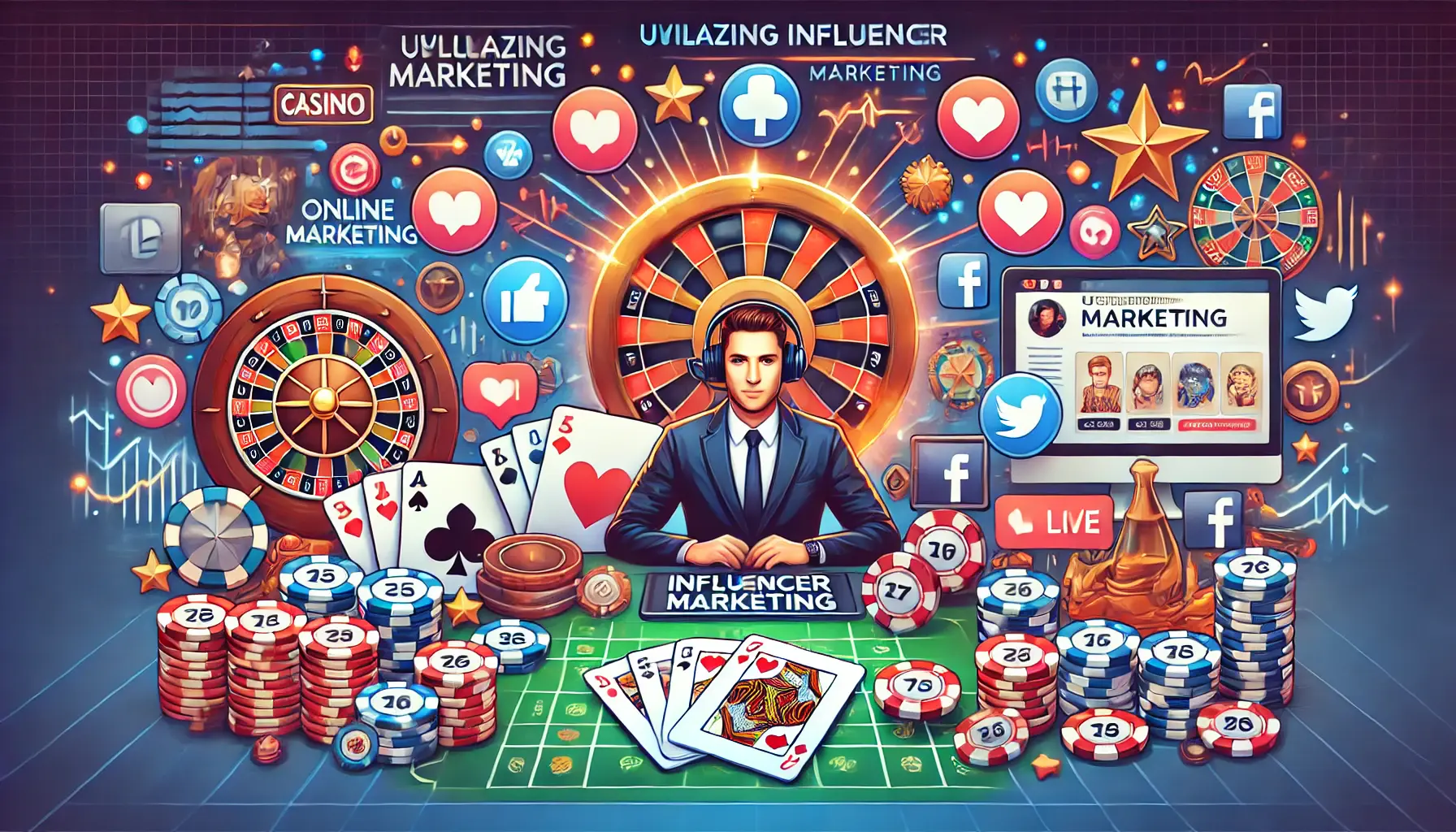 A scene with a social media influencer creating content, promoting a casino game or event, with casino elements like poker chips, cards, and roulette in the background.