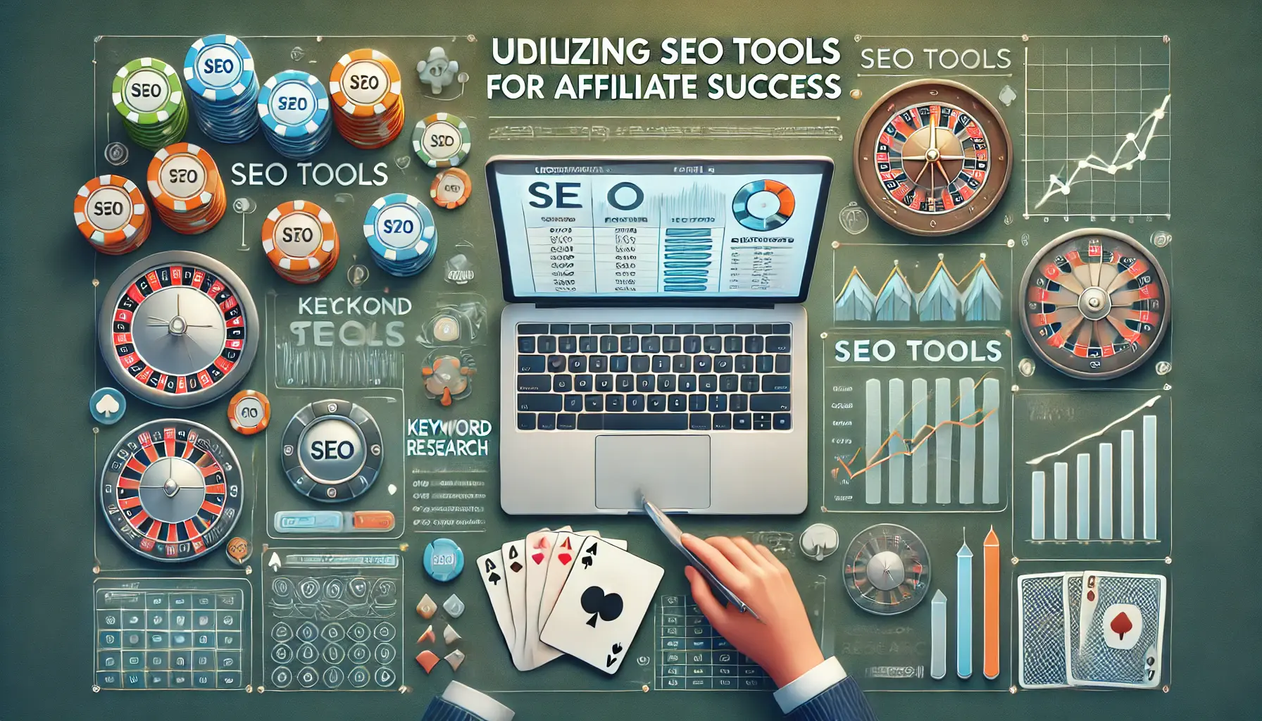 An image showing a computer displaying SEO tools, keyword research, and performance graphs, combined with subtle casino elements like poker chips and roulette.