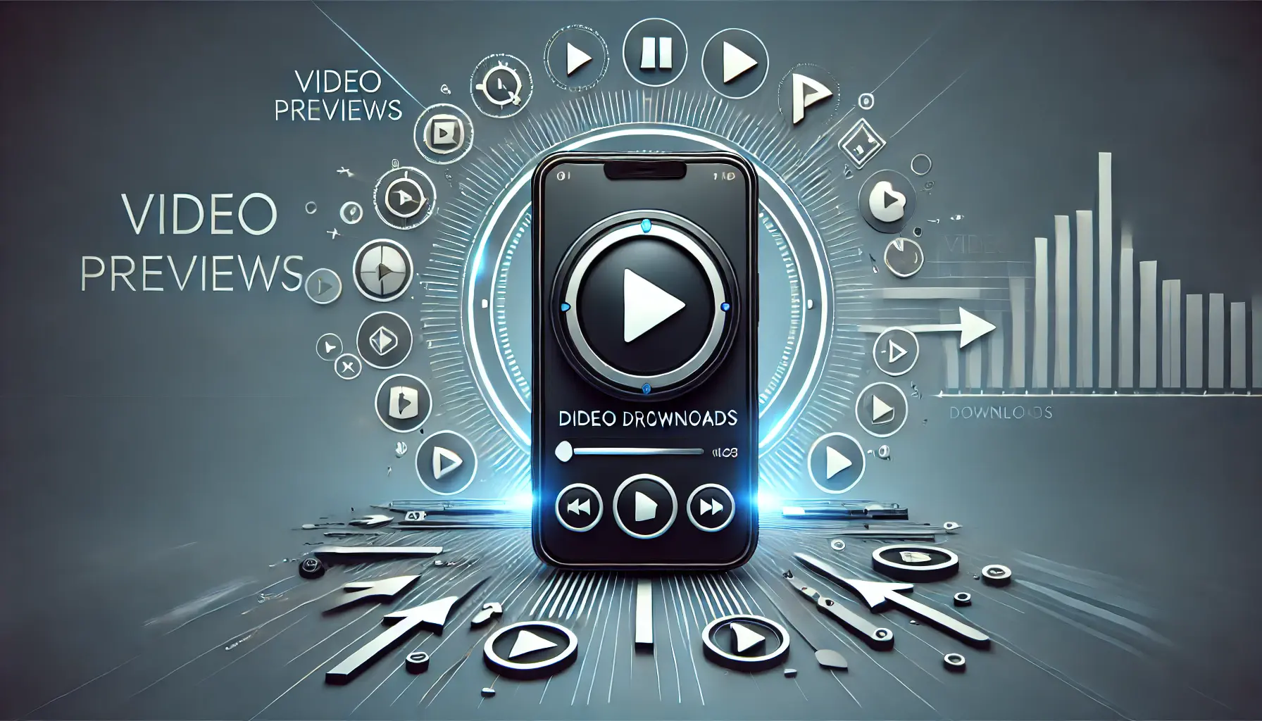 An image of a smartphone displaying a video play button with dynamic elements like arrows and play icons surrounding it, symbolizing the power of video previews in driving app downloads.