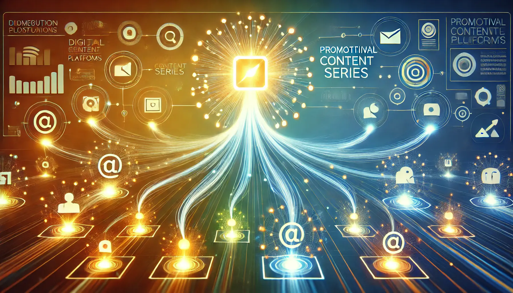 Glowing nodes connected by bright lines to a central node, representing the distribution of content across various platforms