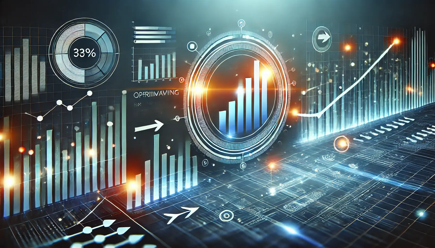 Glowing charts with one bar or line glowing brighter, symbolizing content optimization and growth