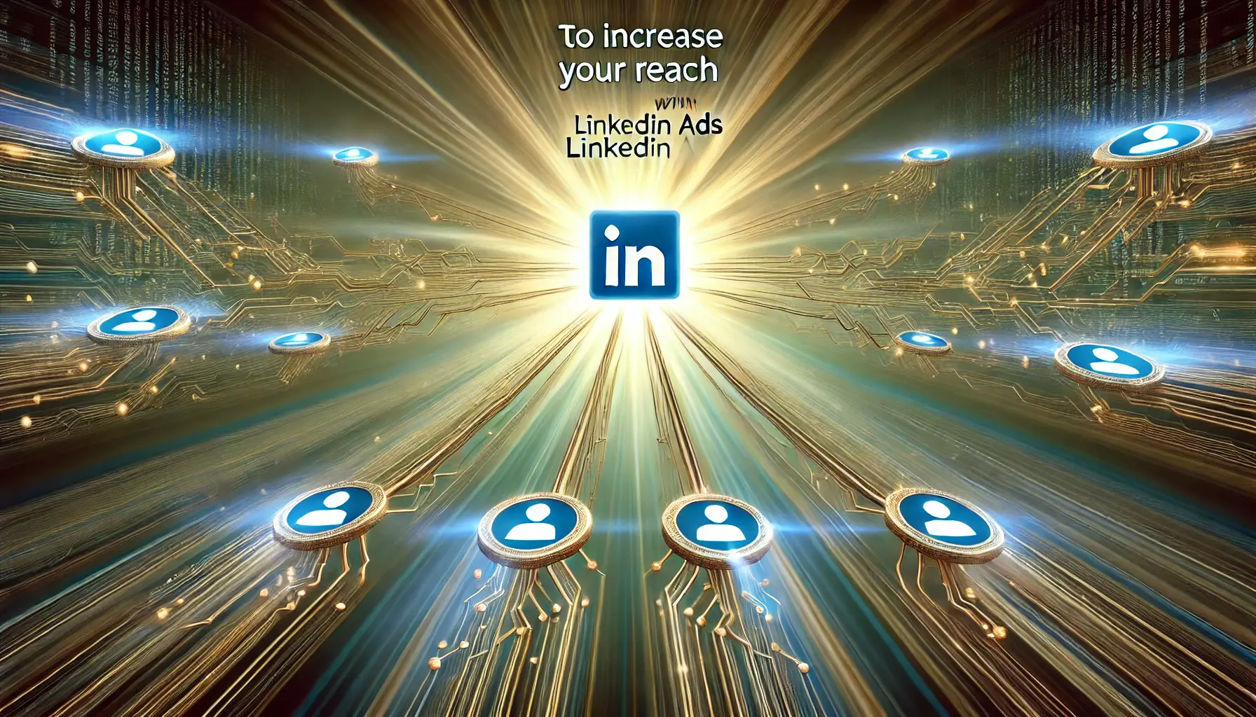 A central glowing node with radiating pathways connecting to smaller nodes, symbolizing expanding reach through LinkedIn Ads