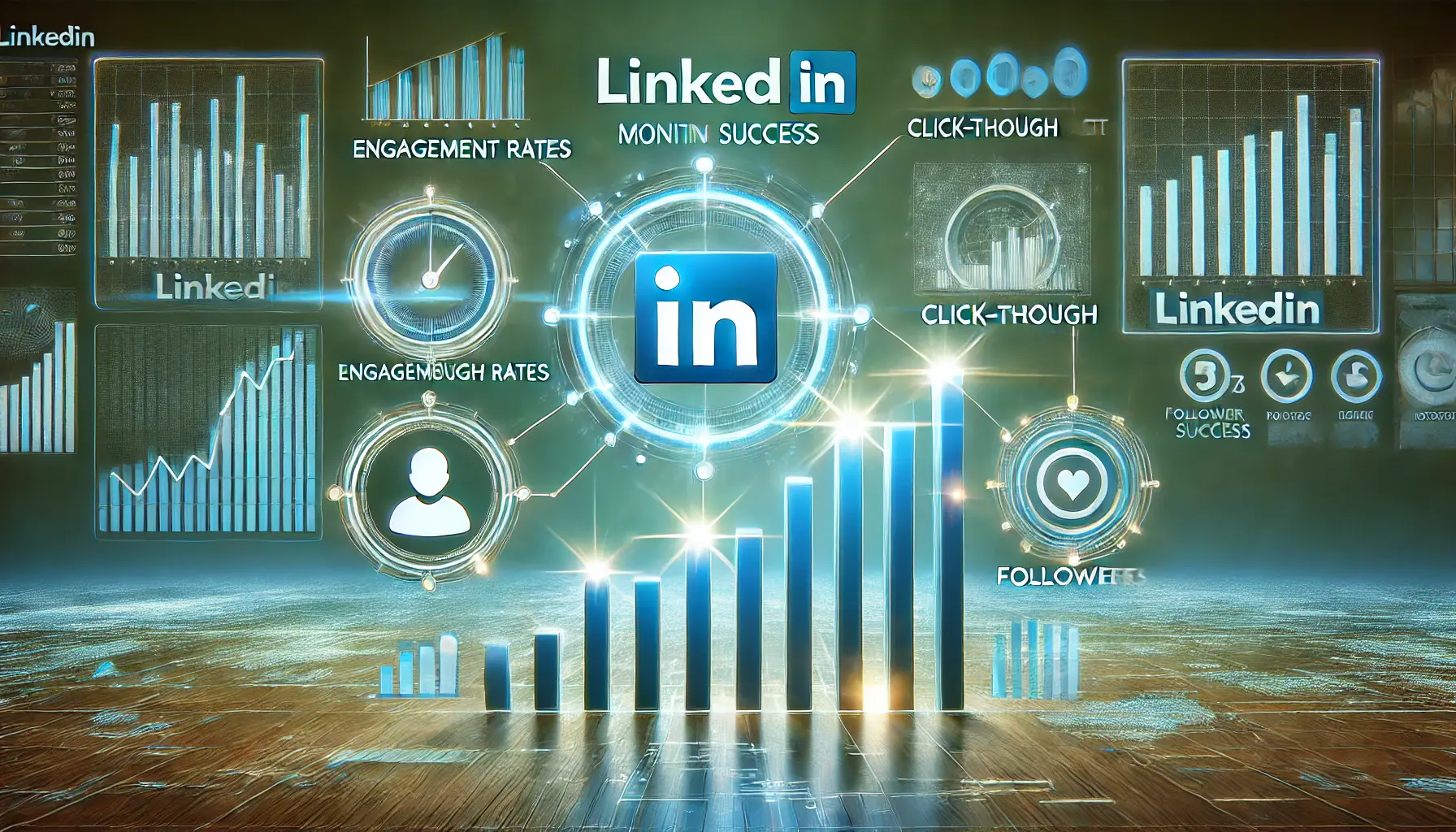 Glowing graphs and progress bars representing LinkedIn analytics metrics, with one chart glowing brighter as a key success metric