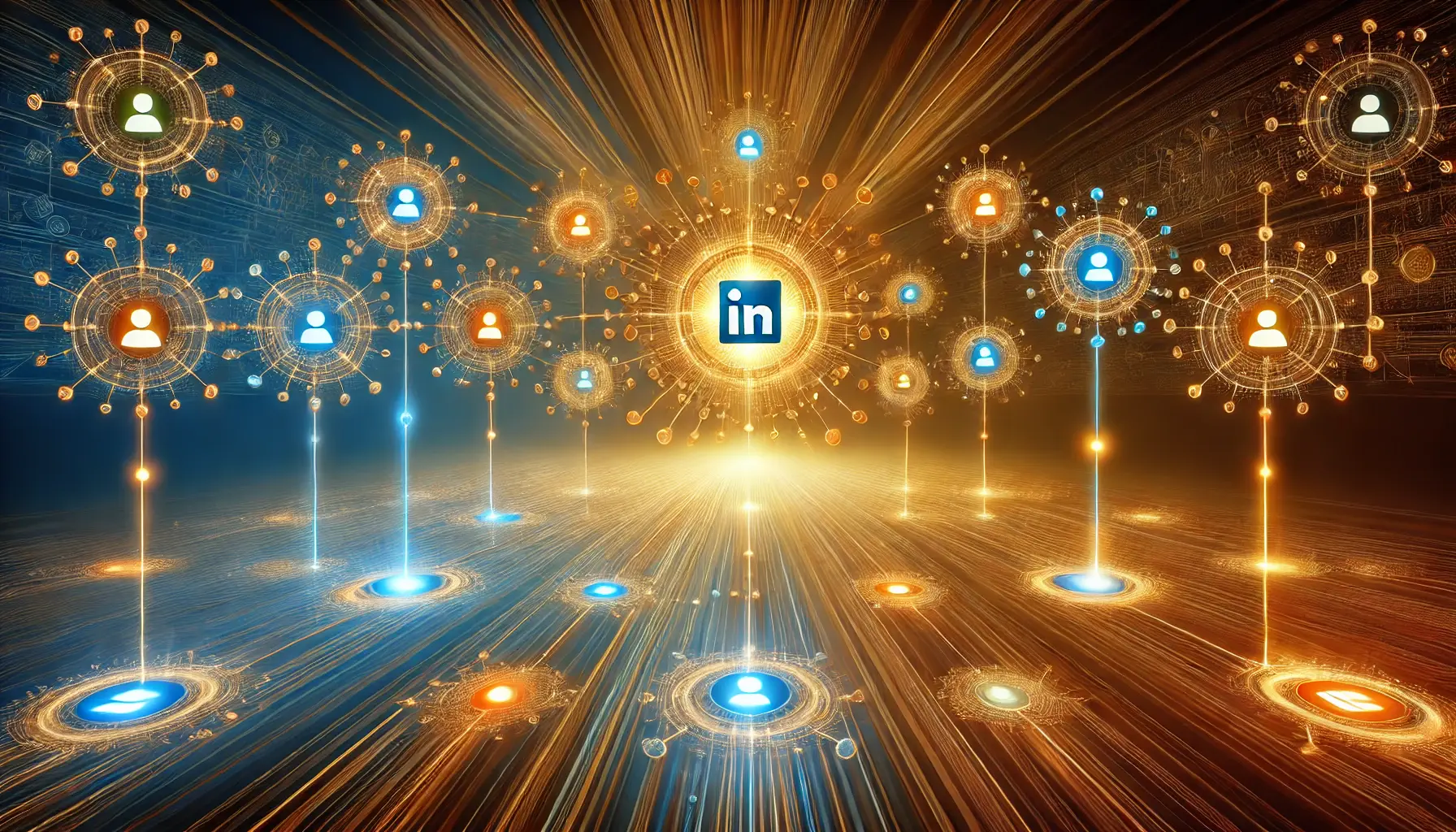 Multiple glowing nodes converging toward a central node, representing mastery and completion of a LinkedIn content series