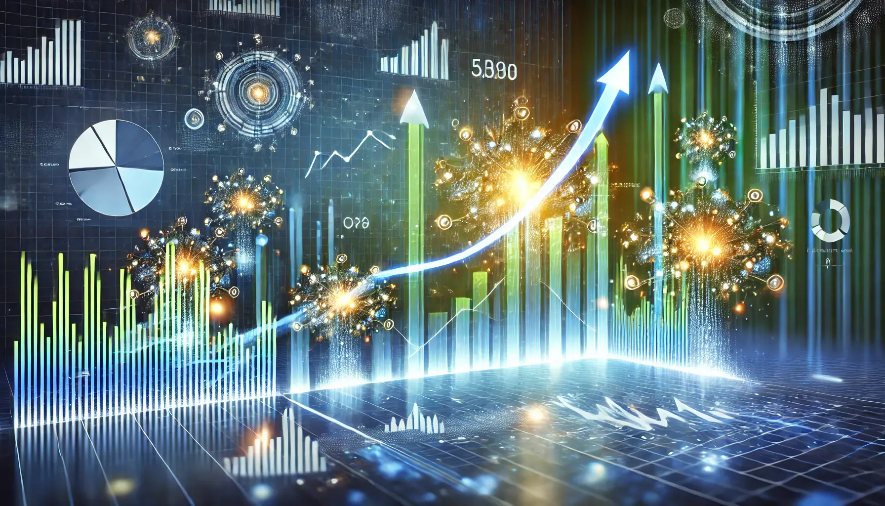 Glowing charts with upward lines and clusters of glowing nodes representing audience growth and engagement