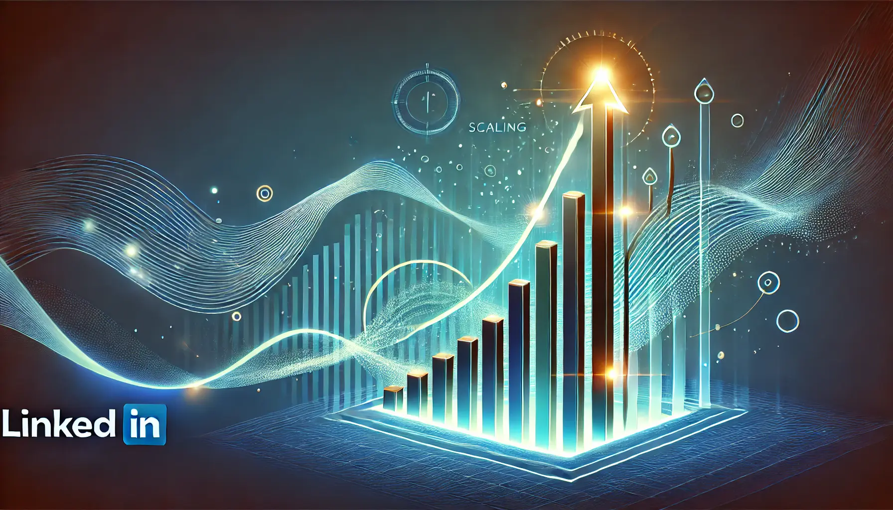 Glowing charts and expanding elements symbolizing success metrics and scaling of a LinkedIn content series