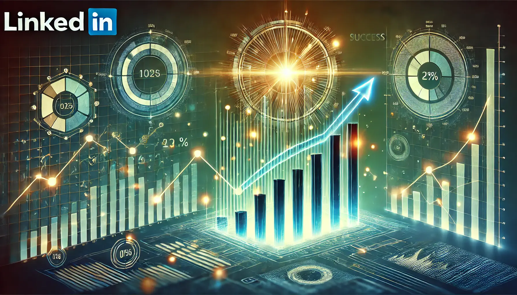 Glowing charts and progress bars representing success metrics, with one graph glowing brighter to indicate achievement