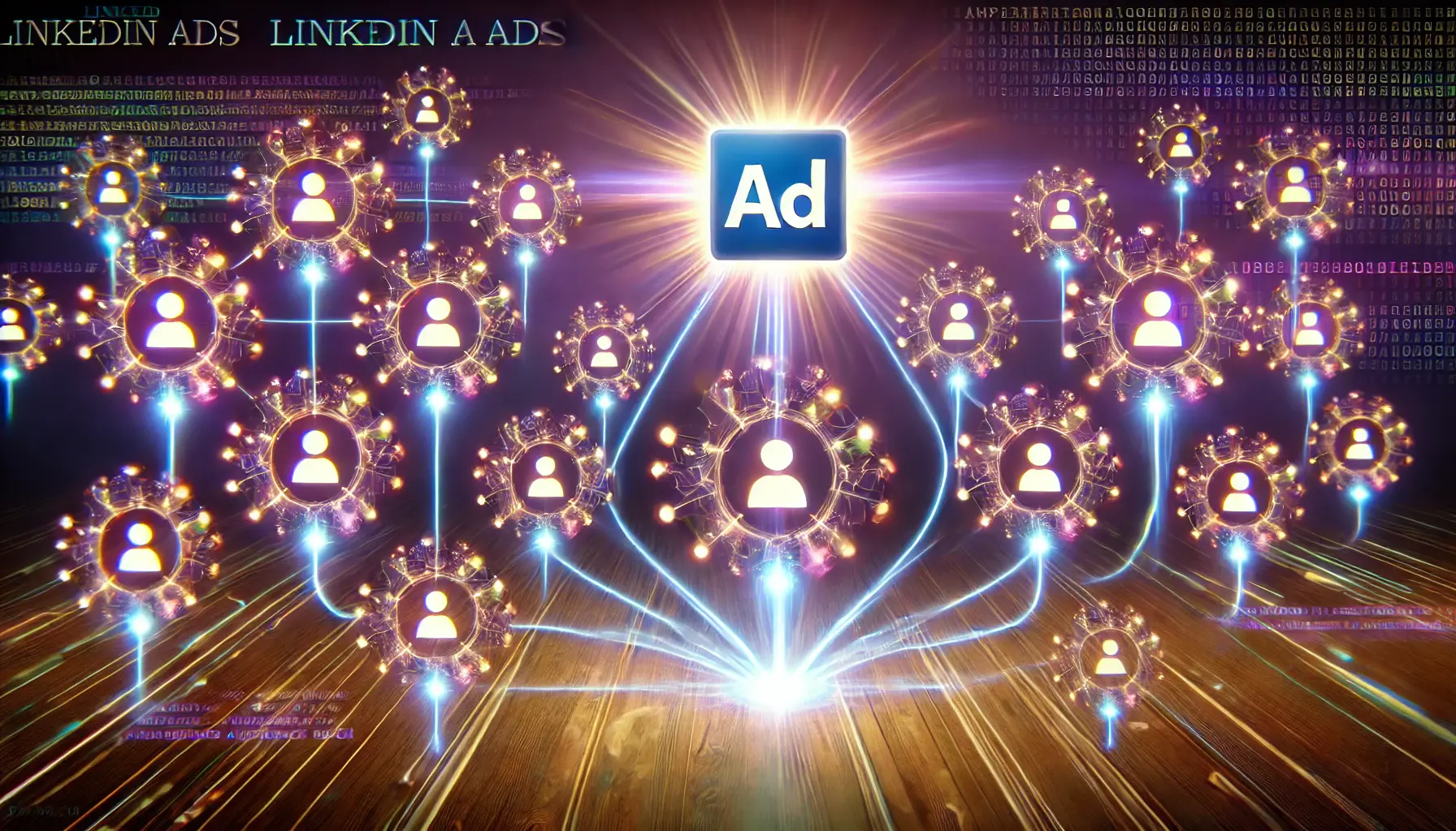 A central glowing ad symbol with connected nodes representing content in a series, symbolizing promotion through LinkedIn Ads