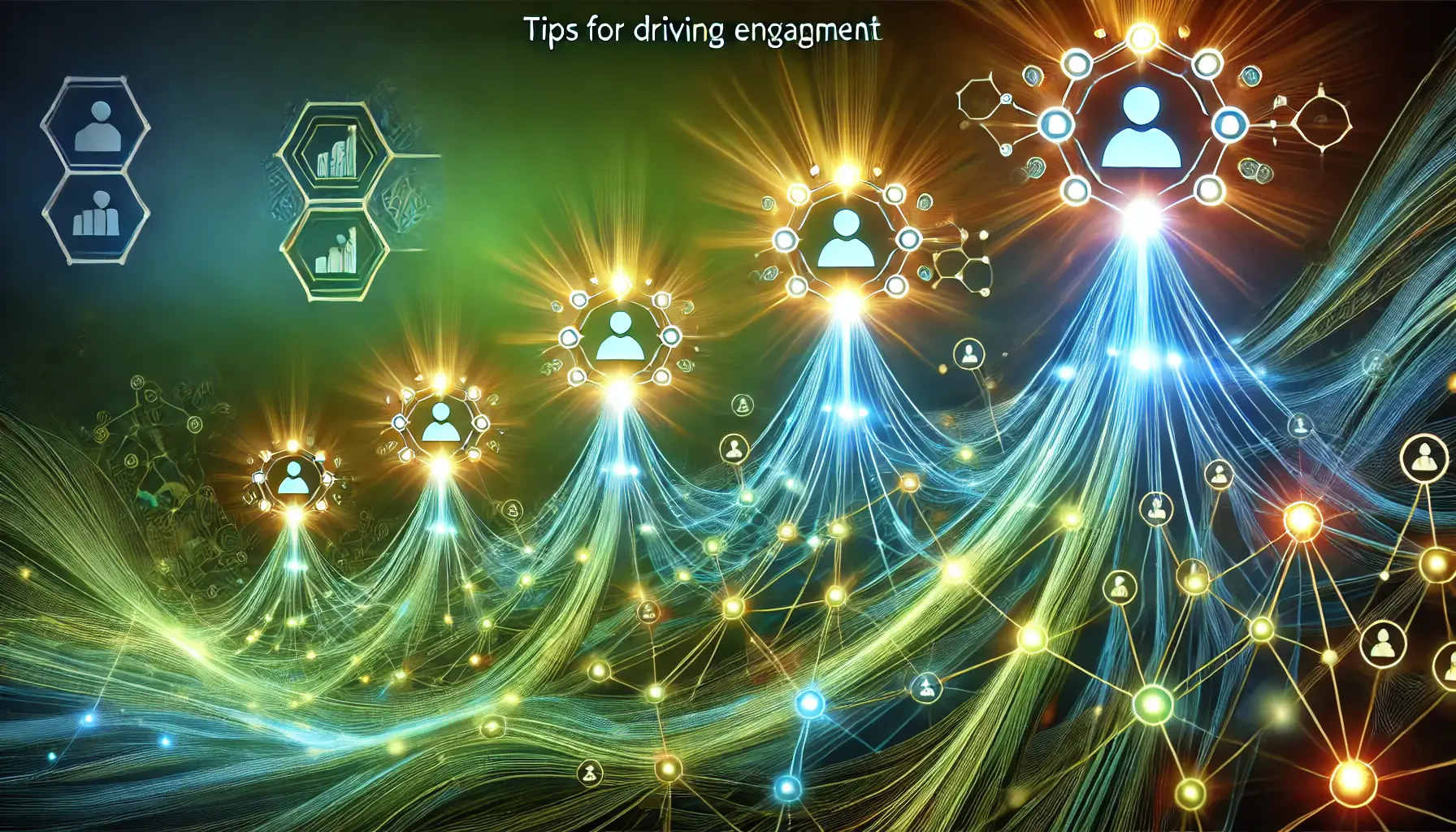 Glowing nodes connected by vibrant lines, growing brighter with more connections, symbolizing increasing engagement