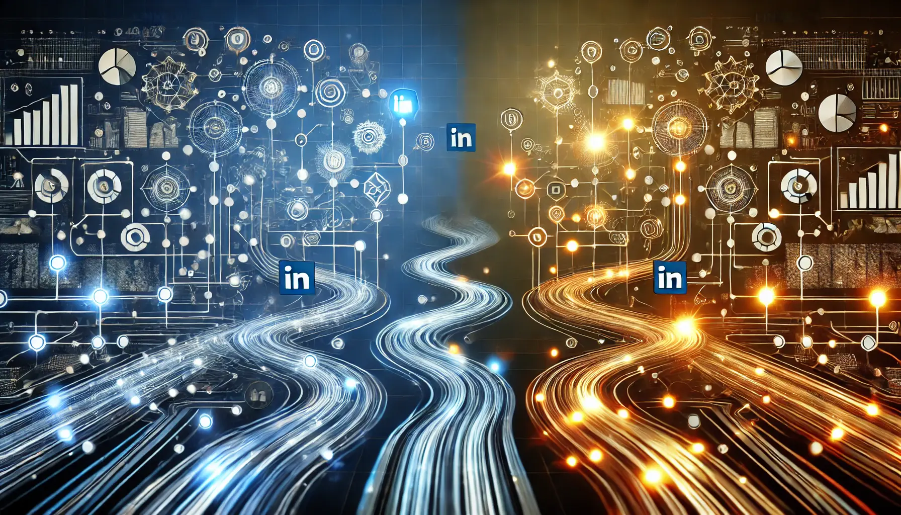 Two glowing pathways representing distinct content series flowing through multiple connected stages