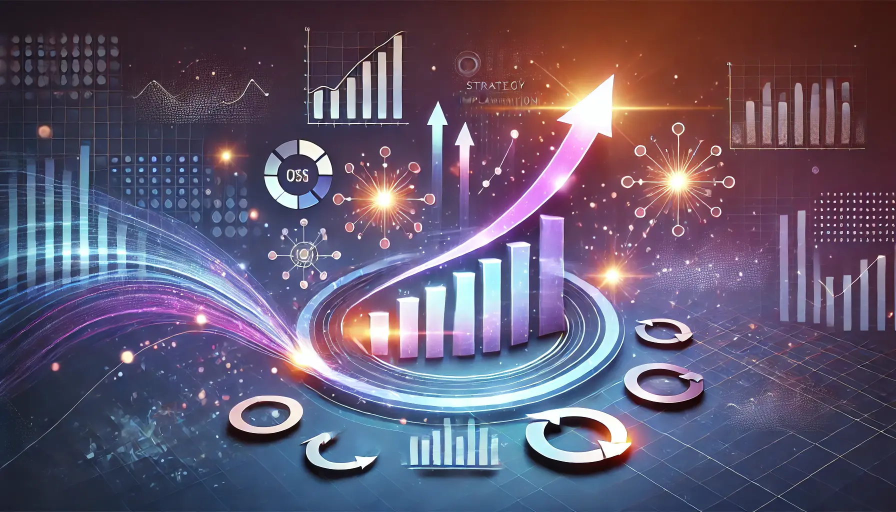 Glowing graphs and data symbols being refined by glowing lines, symbolizing growth and optimization through analytics