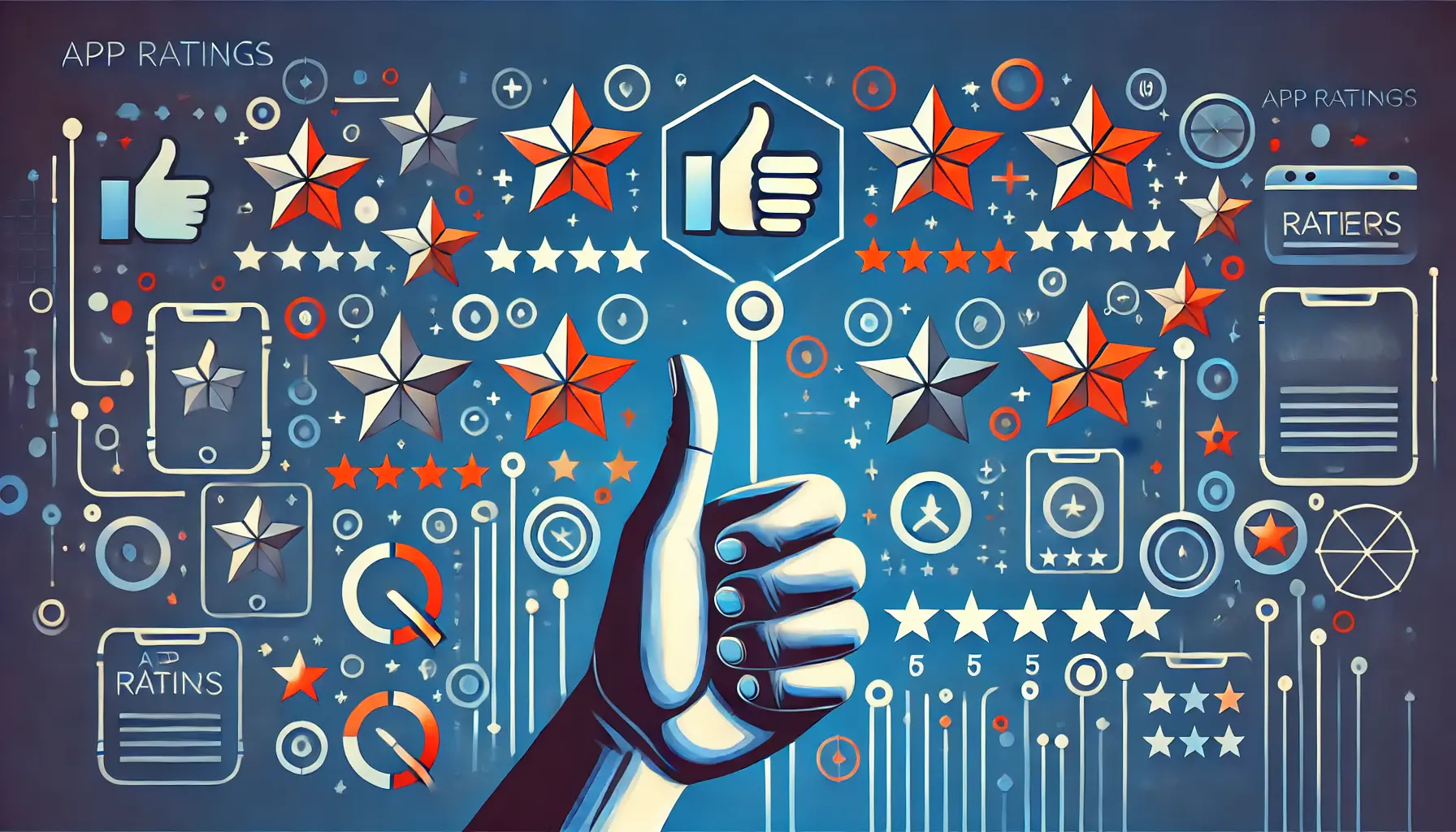 An image depicting the concept of managing and improving app ratings, featuring stars or thumbs-up icons being adjusted or enhanced.