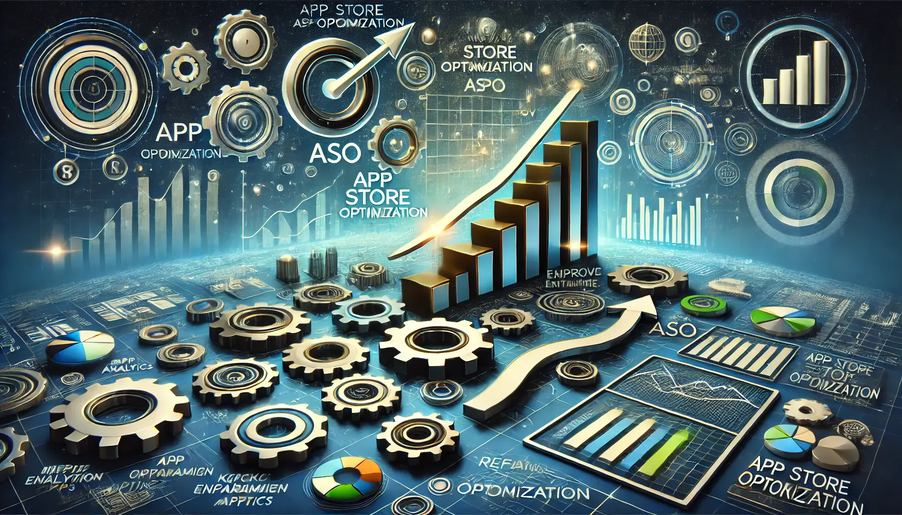 Business-oriented image with gears turning, flowcharts, and upward-pointing arrows, symbolizing the refinement and enhancement of ASO strategies for enterprise apps.