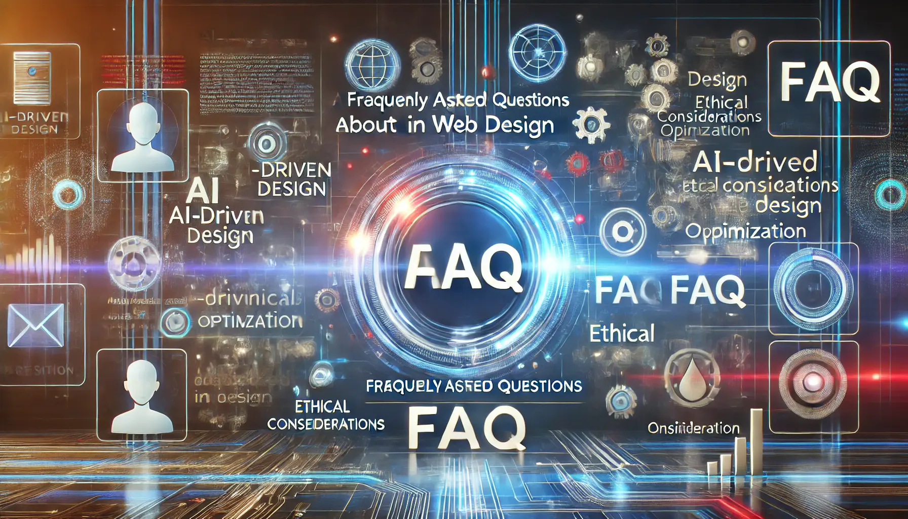 A scene depicting a summary of AI-related FAQs in web design, with a digital interface displaying queries and answers, and icons representing key topics.